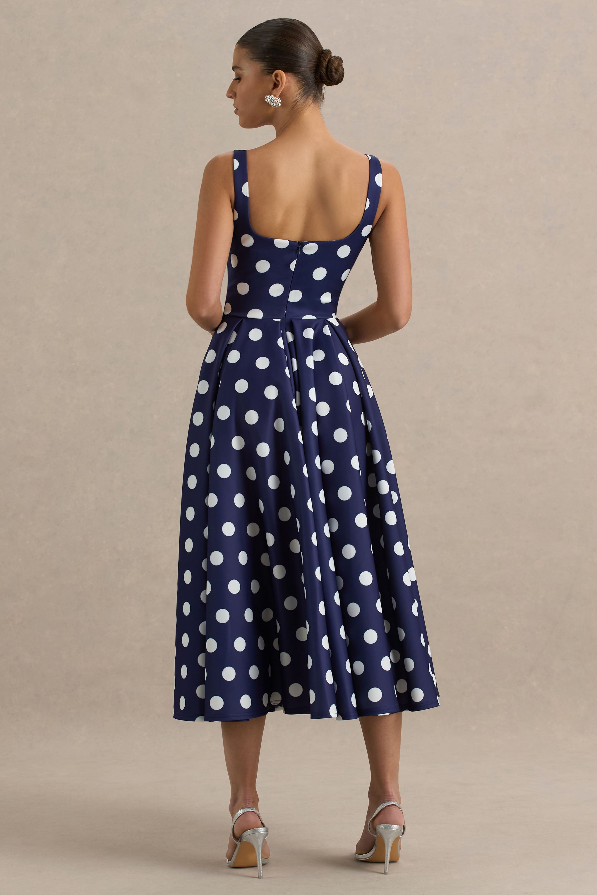 Berta | Navy And White Polka-Dot Square-Neck Midi Dress-Sowoom
