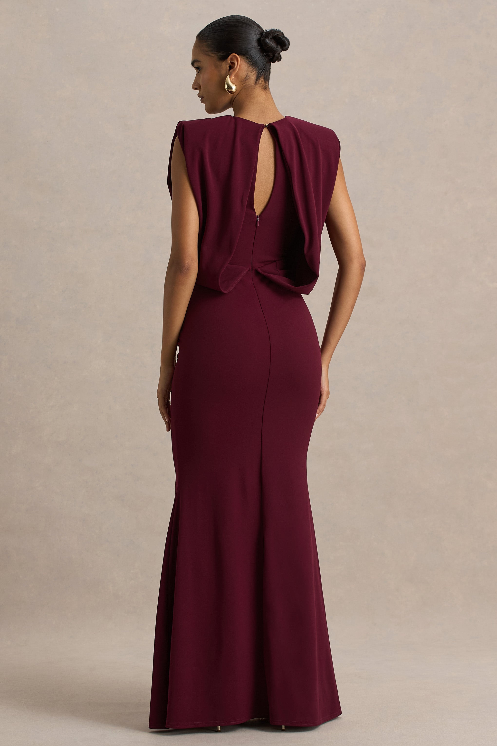 Meave | Burgundy Boat-Neck Maxi Dress With Draped Detail-Sowoom