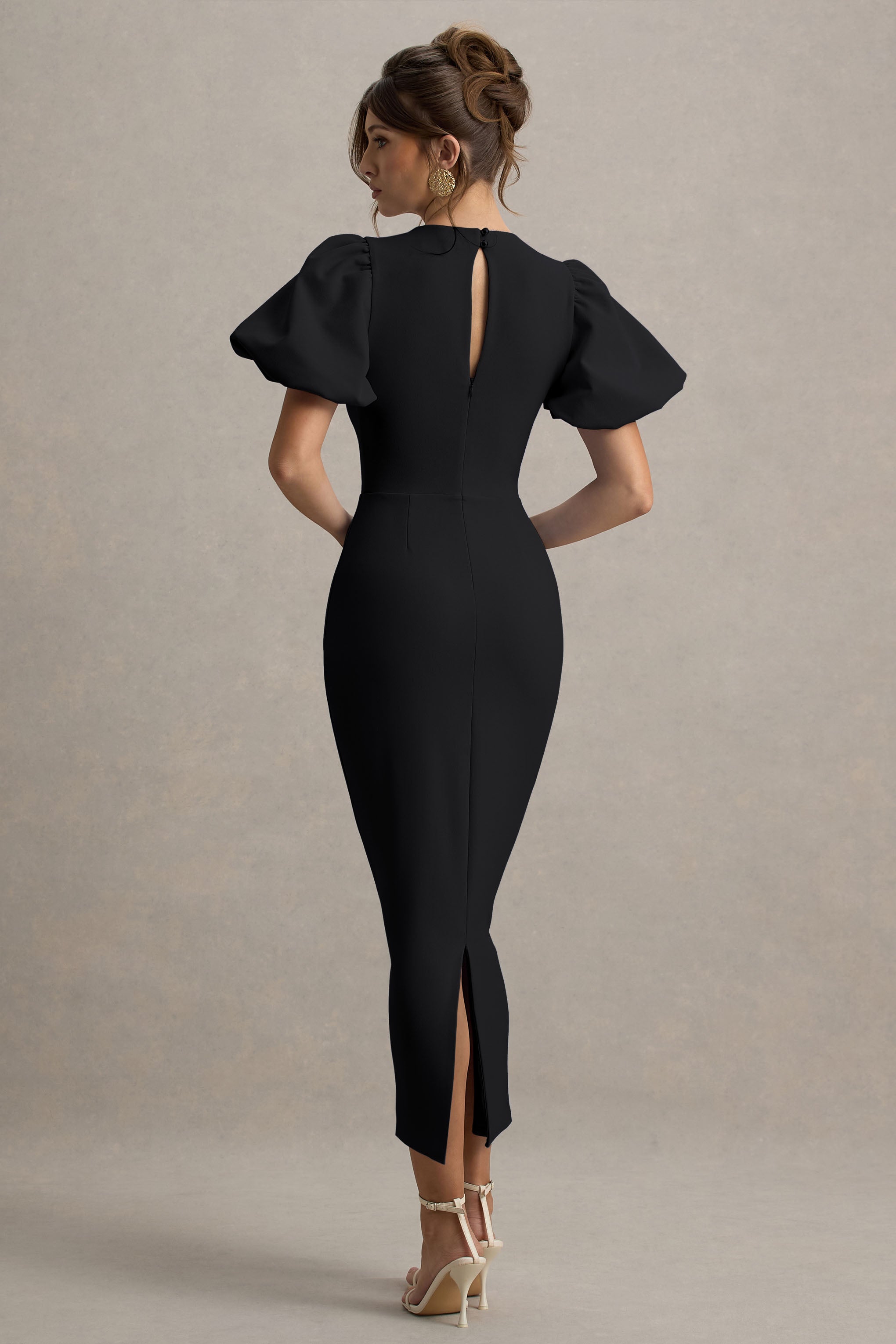 Dakota | Black Puff-Sleeve Midi Dress-Sowoom