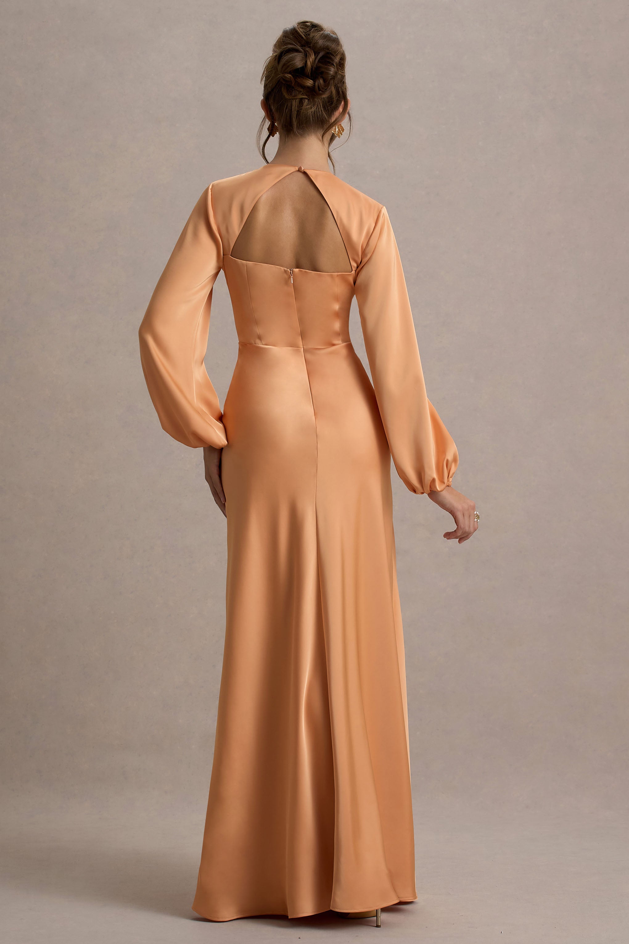 Crawley | Peach Satin Puff-Sleeve Maxi Dress-Sowoom