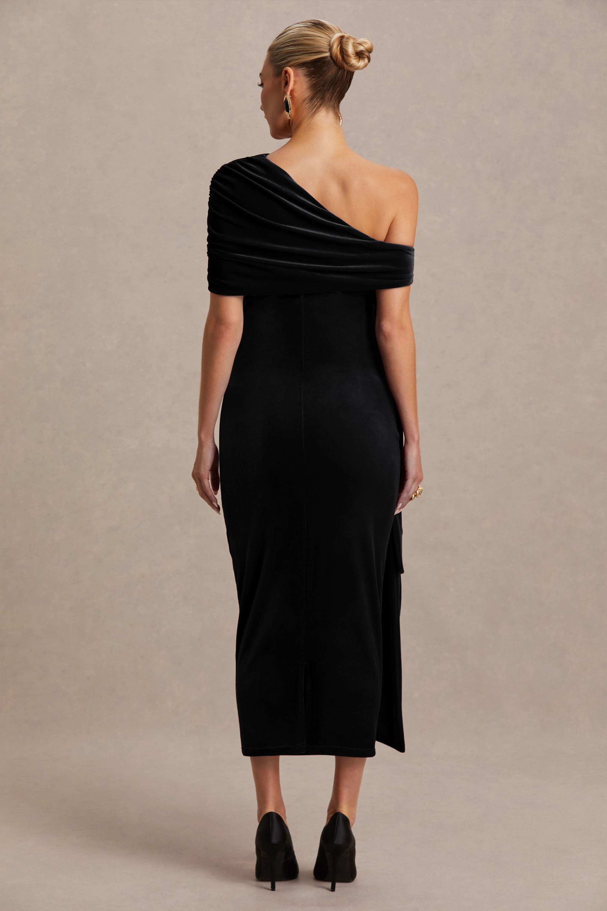 Zena | Black Velvet Asymmetric-Neck Maternity Midi Dress With Knot And Sash Detail-Sowoom
