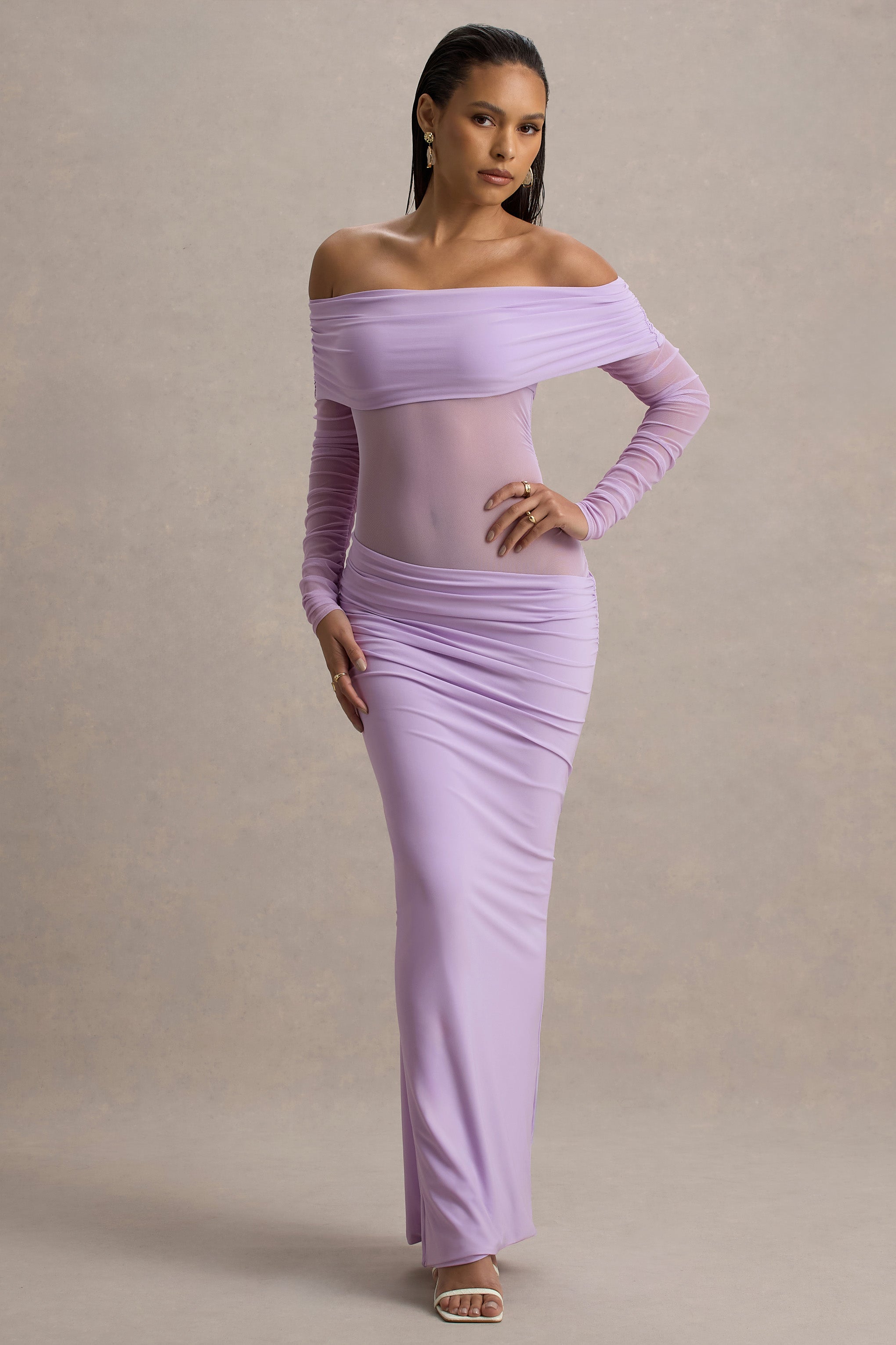 Belamour | Lavender Semi-Sheer Bardot Gathered Maxi Dress-Sowoom