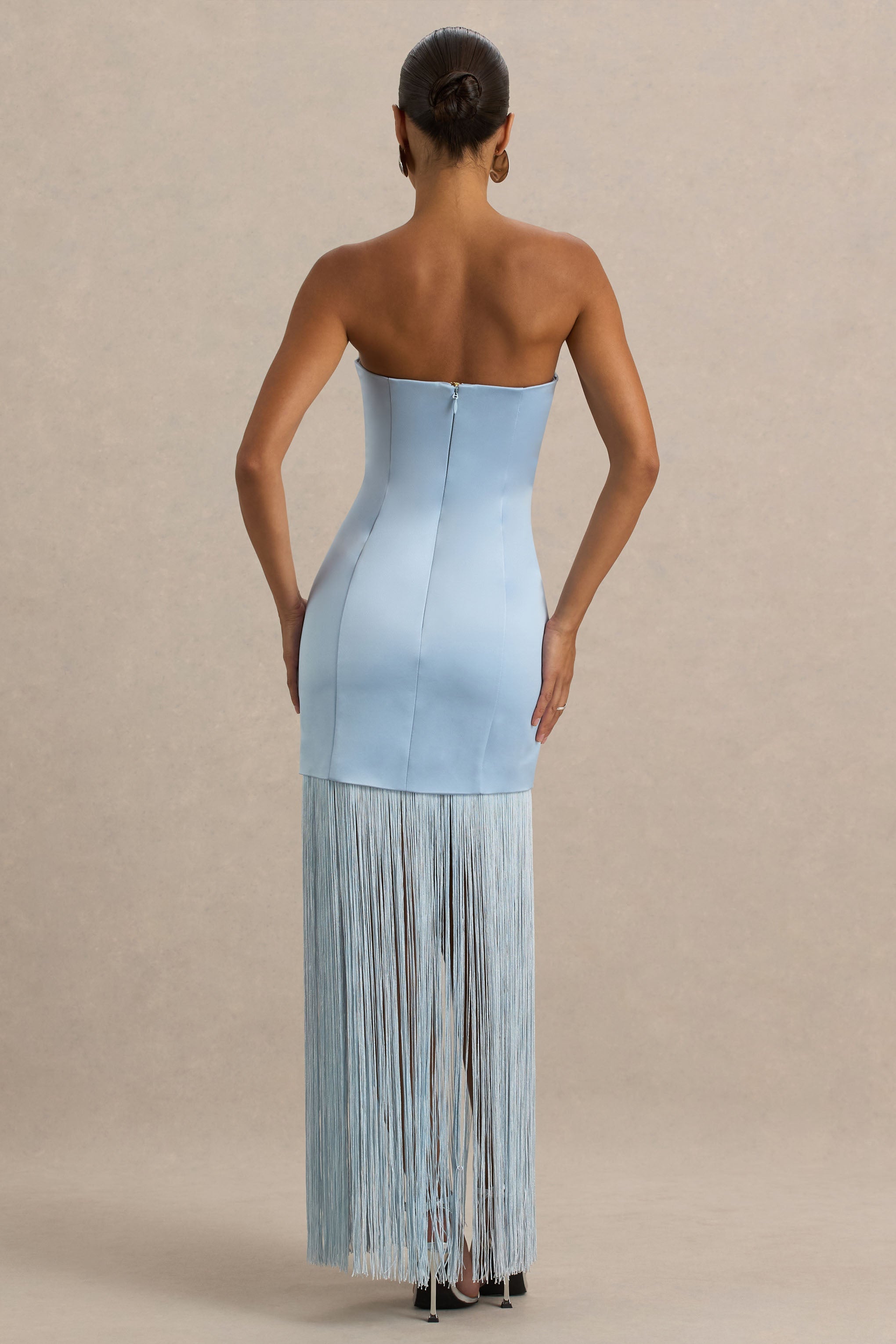 Trinity | Powder Blue Satin Bandeau Maxi Dress With Fringe-Sowoom