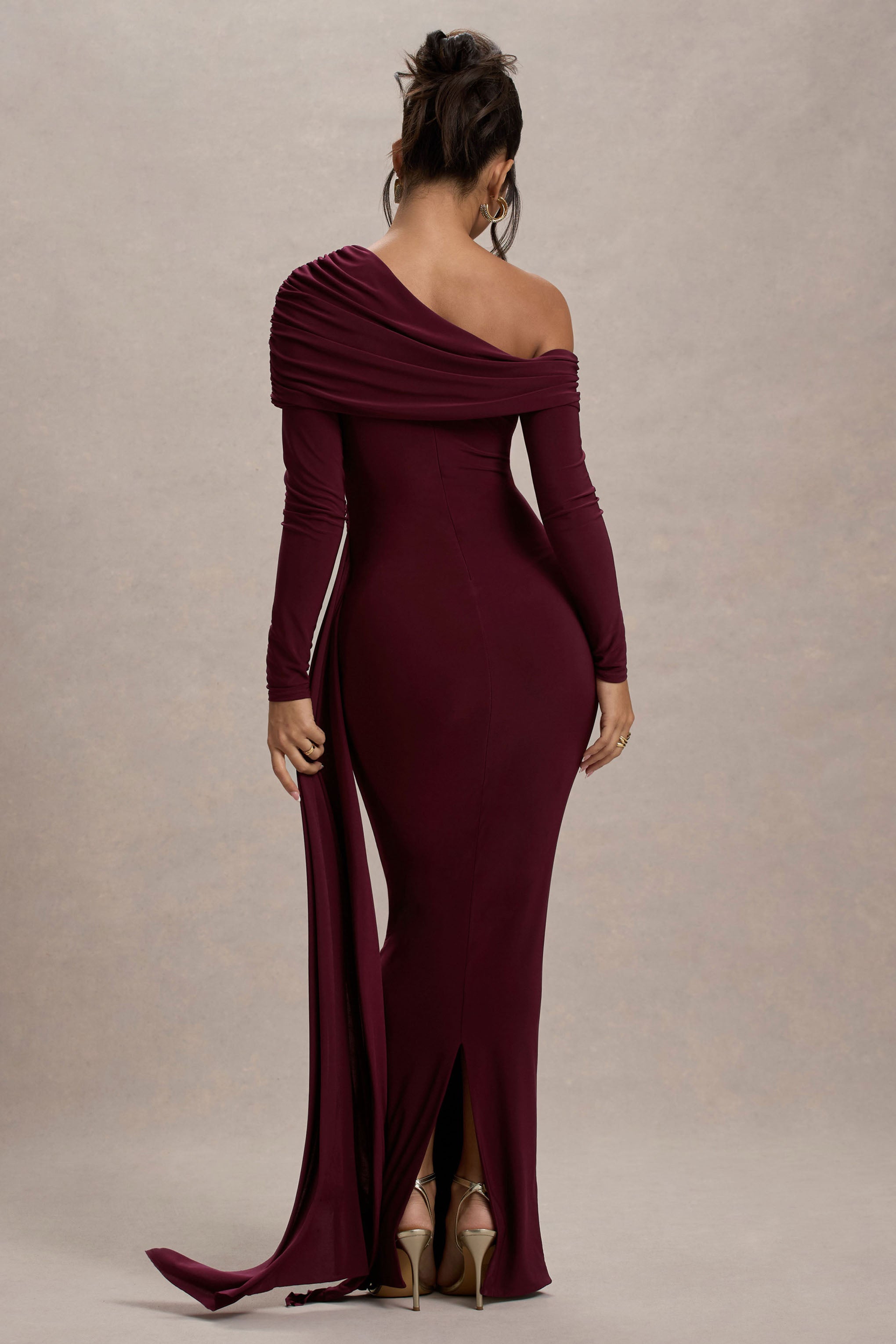 Valina | Burgundy Ruched Asymmetric Maxi Dress With Drape-Sowoom