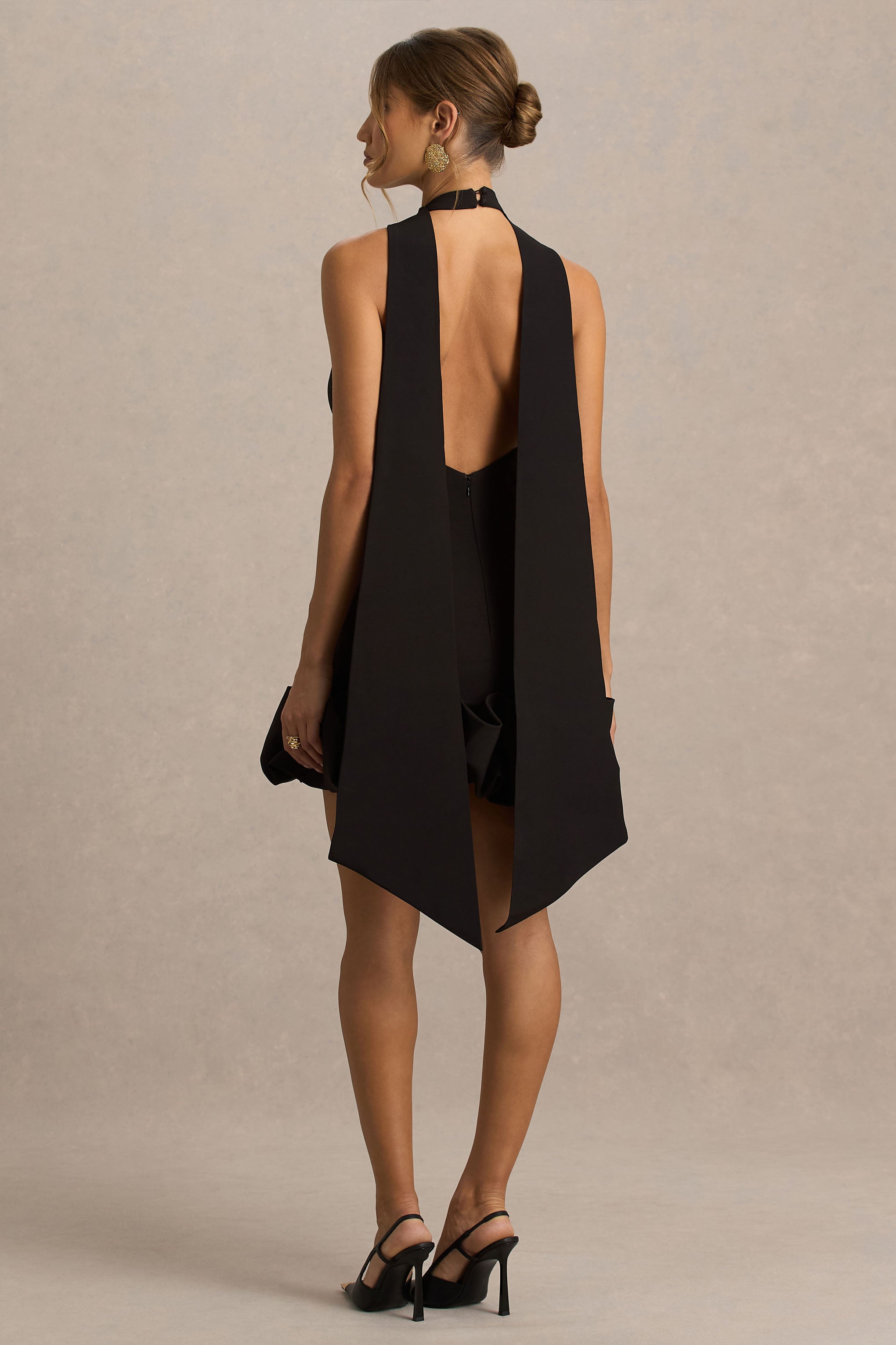 Geneve | Black Halter-Neck Mini Dress With Ruffled Trim-Sowoom