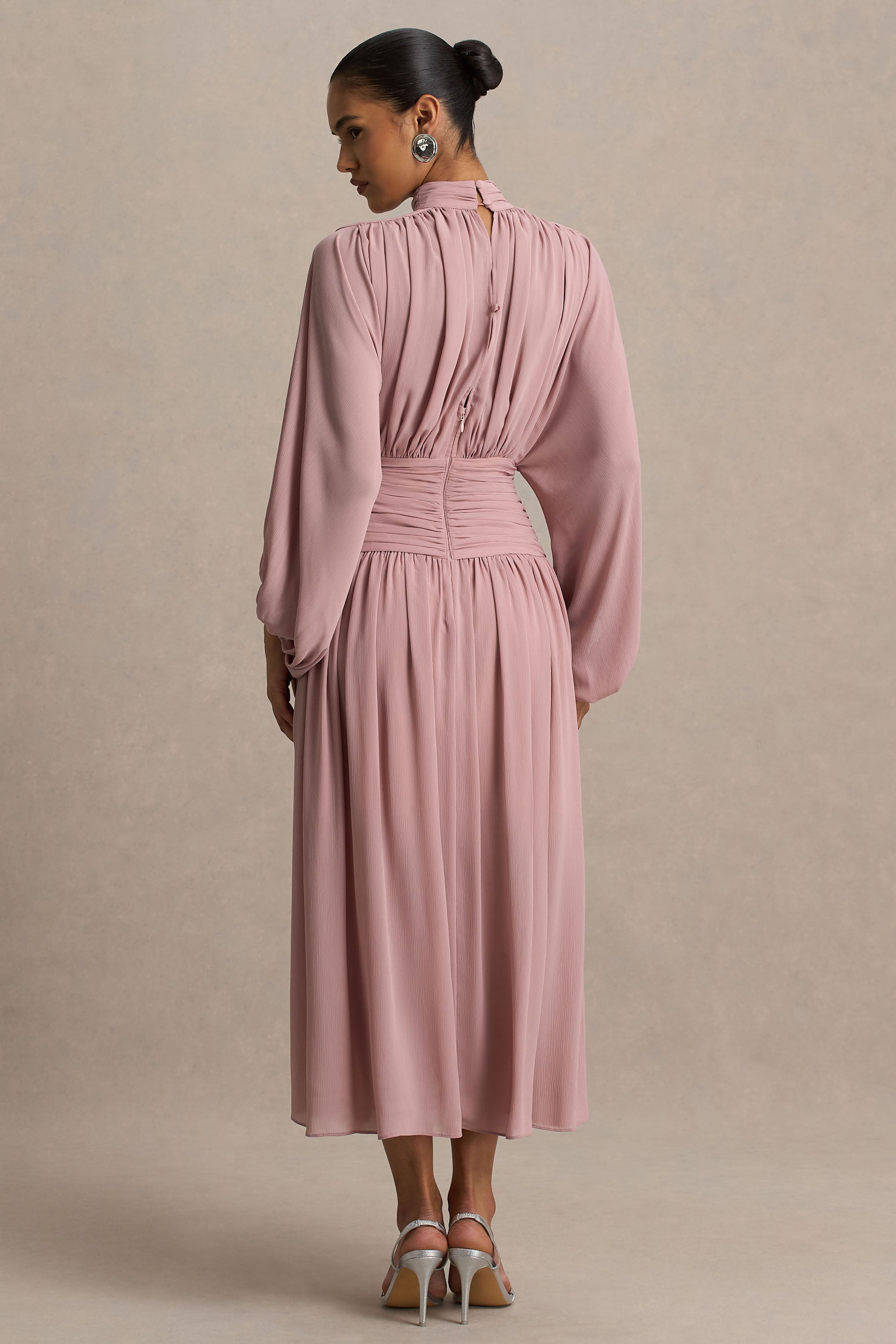 Annabel | Dusty Pink High-Neck Midi Dress With Drop-Waist And Pleated Detailing-Sowoom