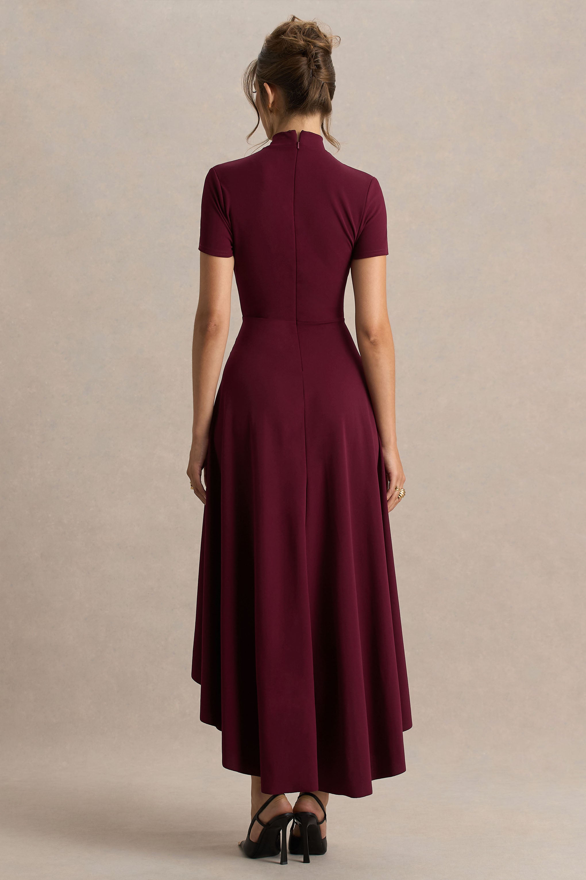 Bellona | Burgundy High-Neck High-Low Midi Dress-Sowoom
