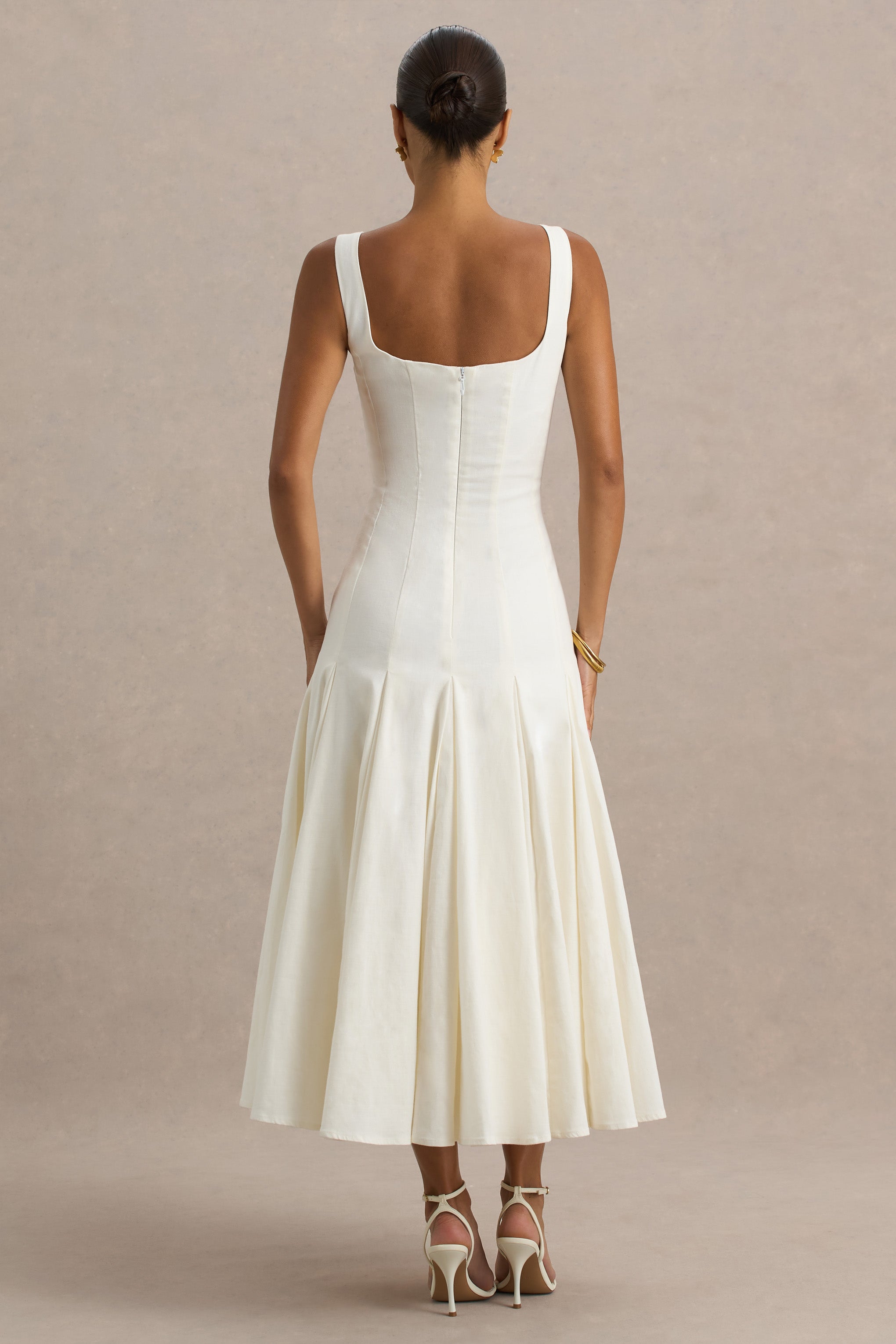 Magnolia | White Scoop-Neck Midi Dress With Drop-Waist And Ruffling Detail-Sowoom