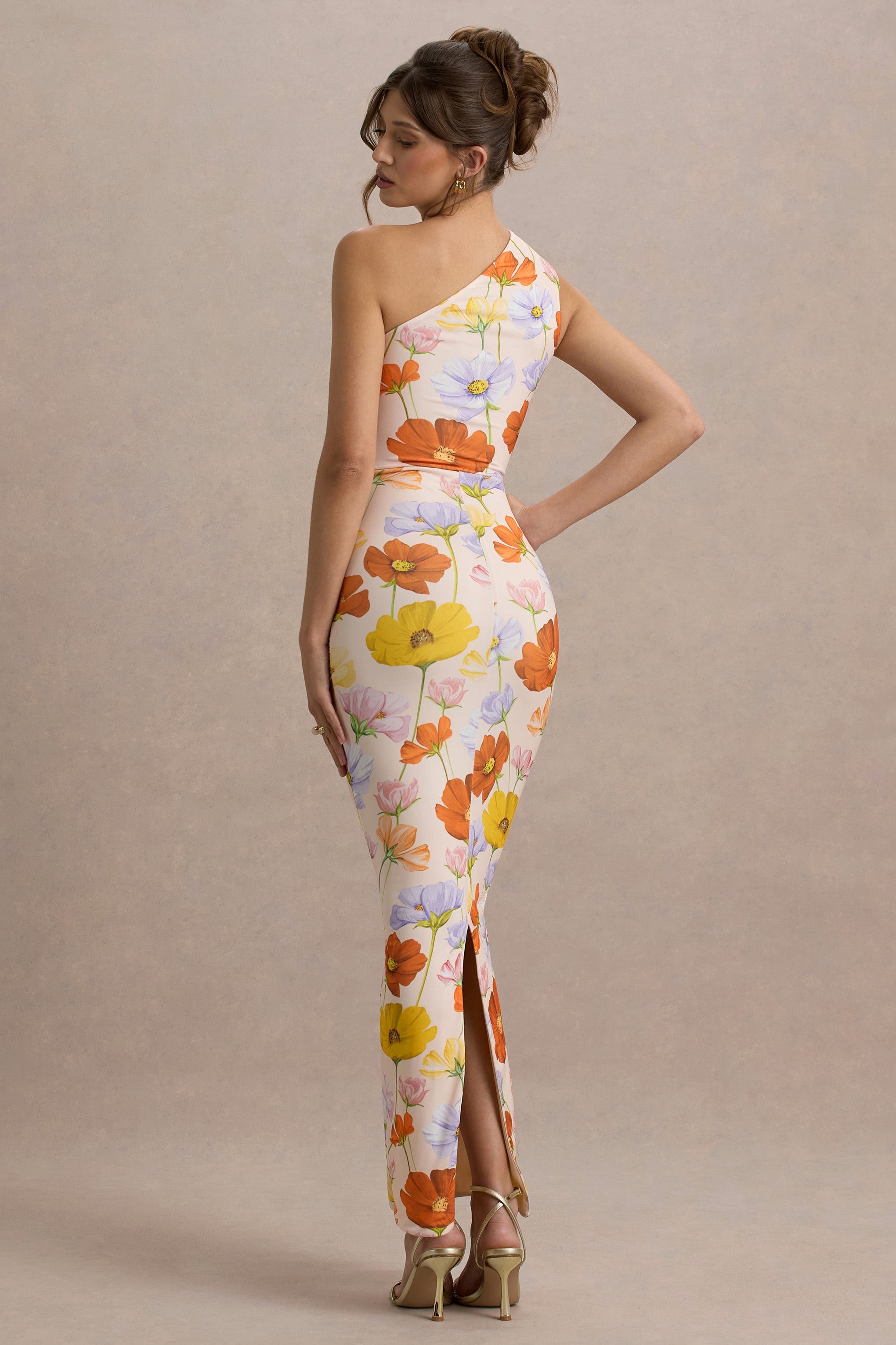 Dalarie | Bright Floral Print One-Shoulder Gathered Maxi Dress-Sowoom