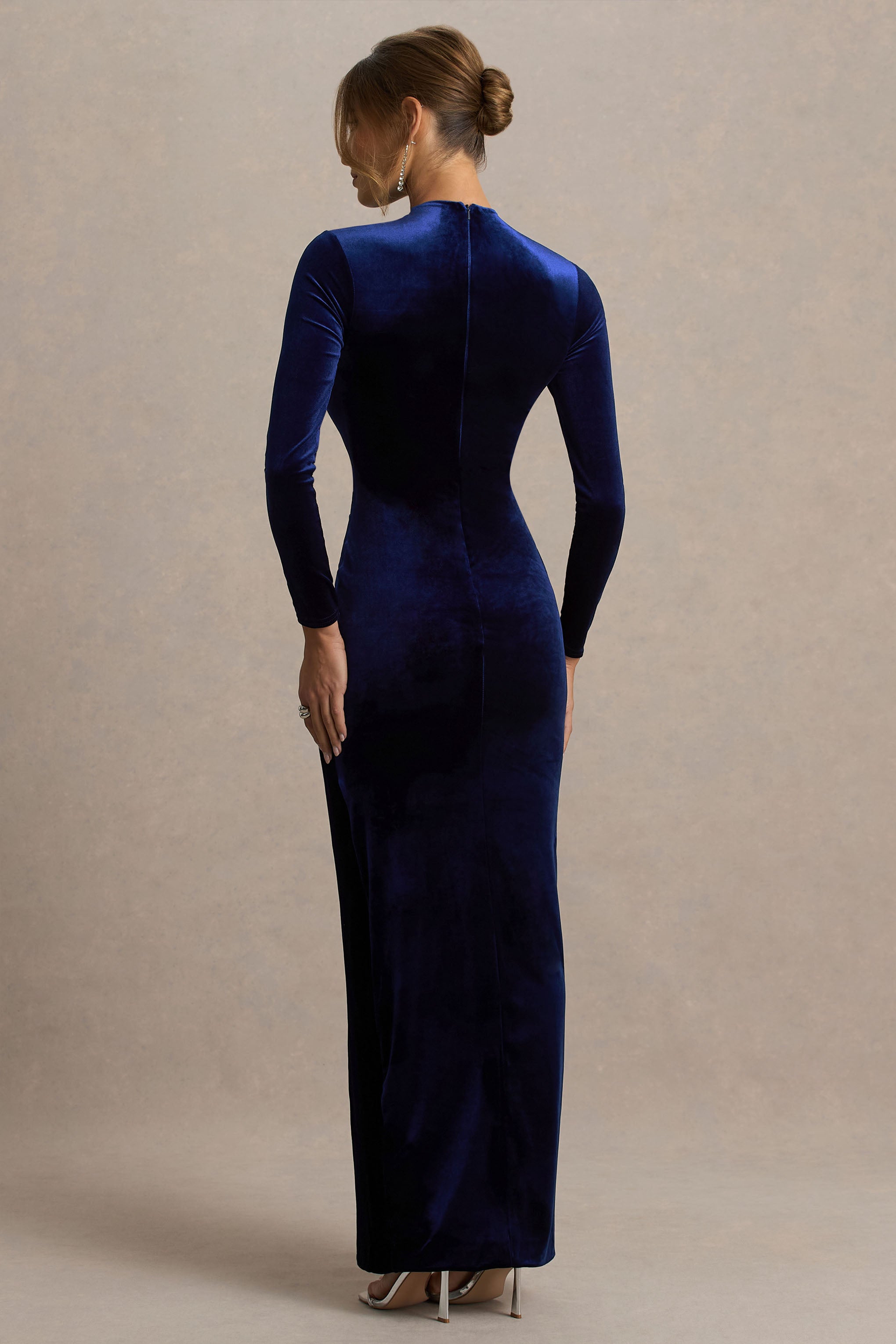 Wishes | Navy Velvet High-Neck Maxi Dress With Wrap Skirt-Sowoom