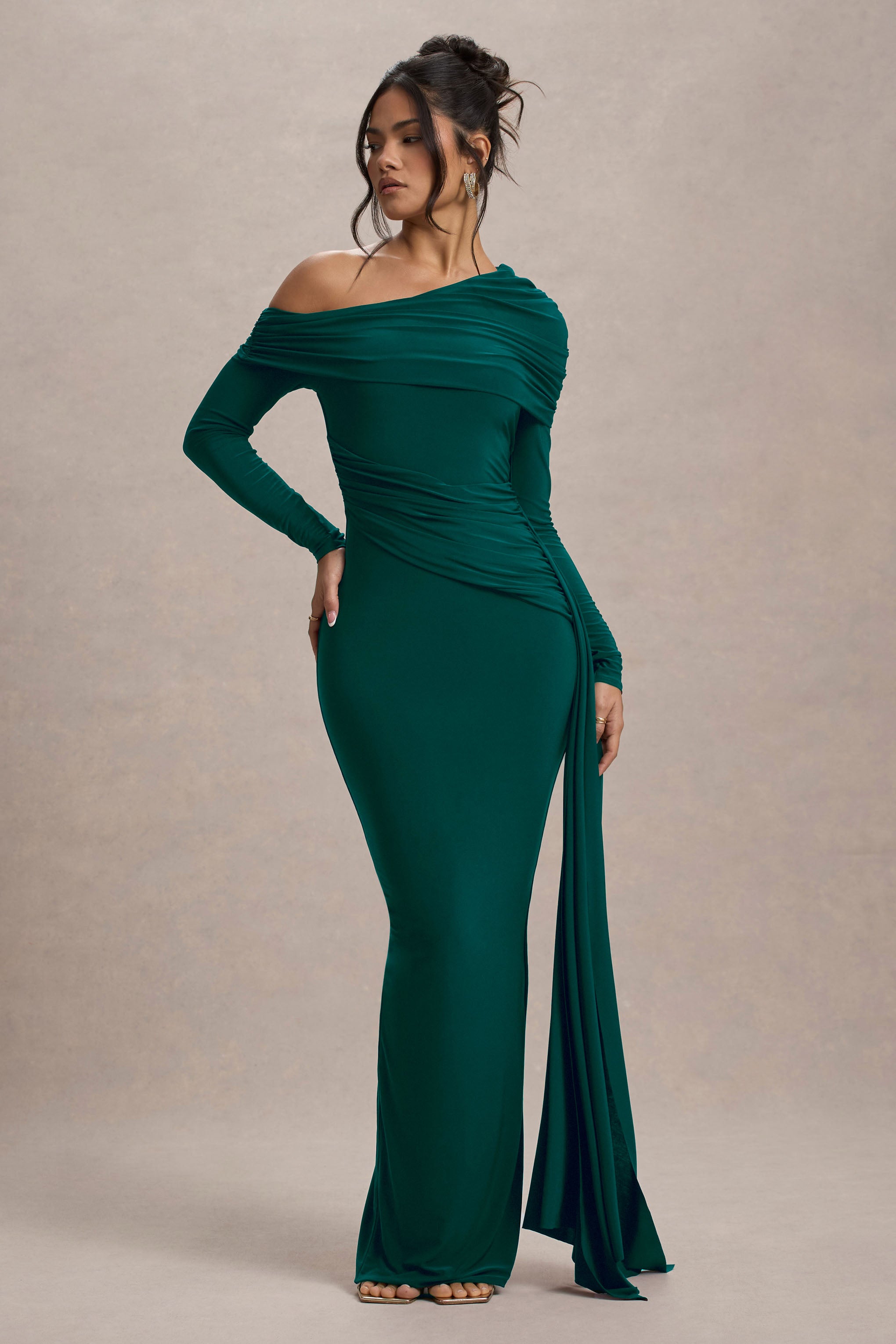 Valina | Green Ruched Asymmetric Maxi Dress With Drape-Sowoom