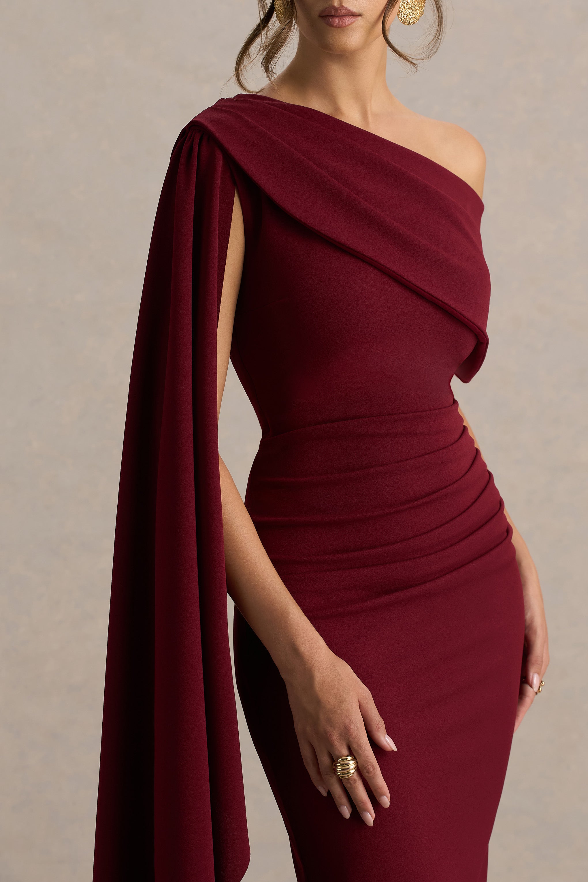 Leah | Burgundy Asymmetric-Neck Midi Dress With Cape-Sleeve-Sowoom