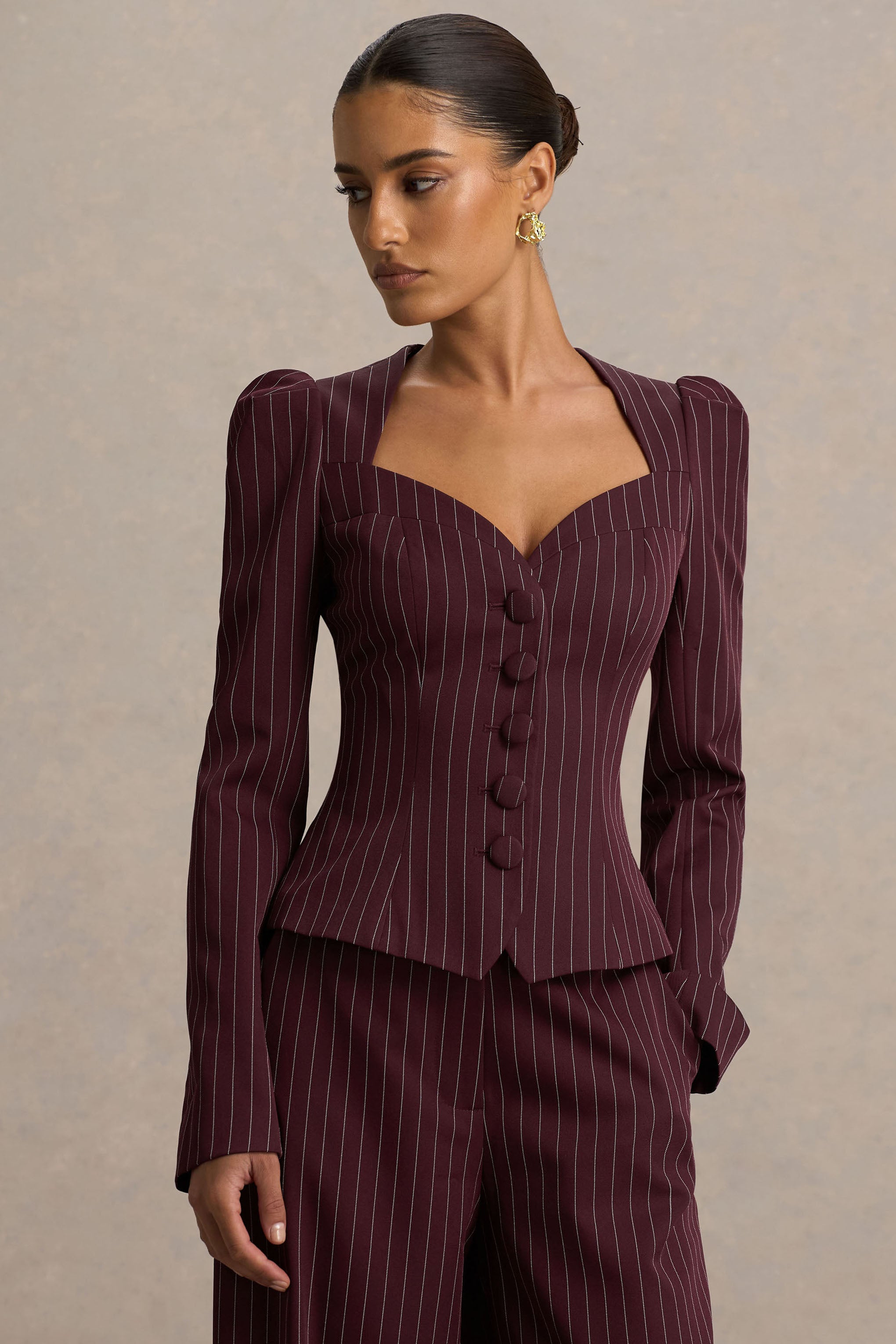 Lana | Burgundy Pinstripe Woven Sweetheart-Neck Tailored Top-Sowoom
