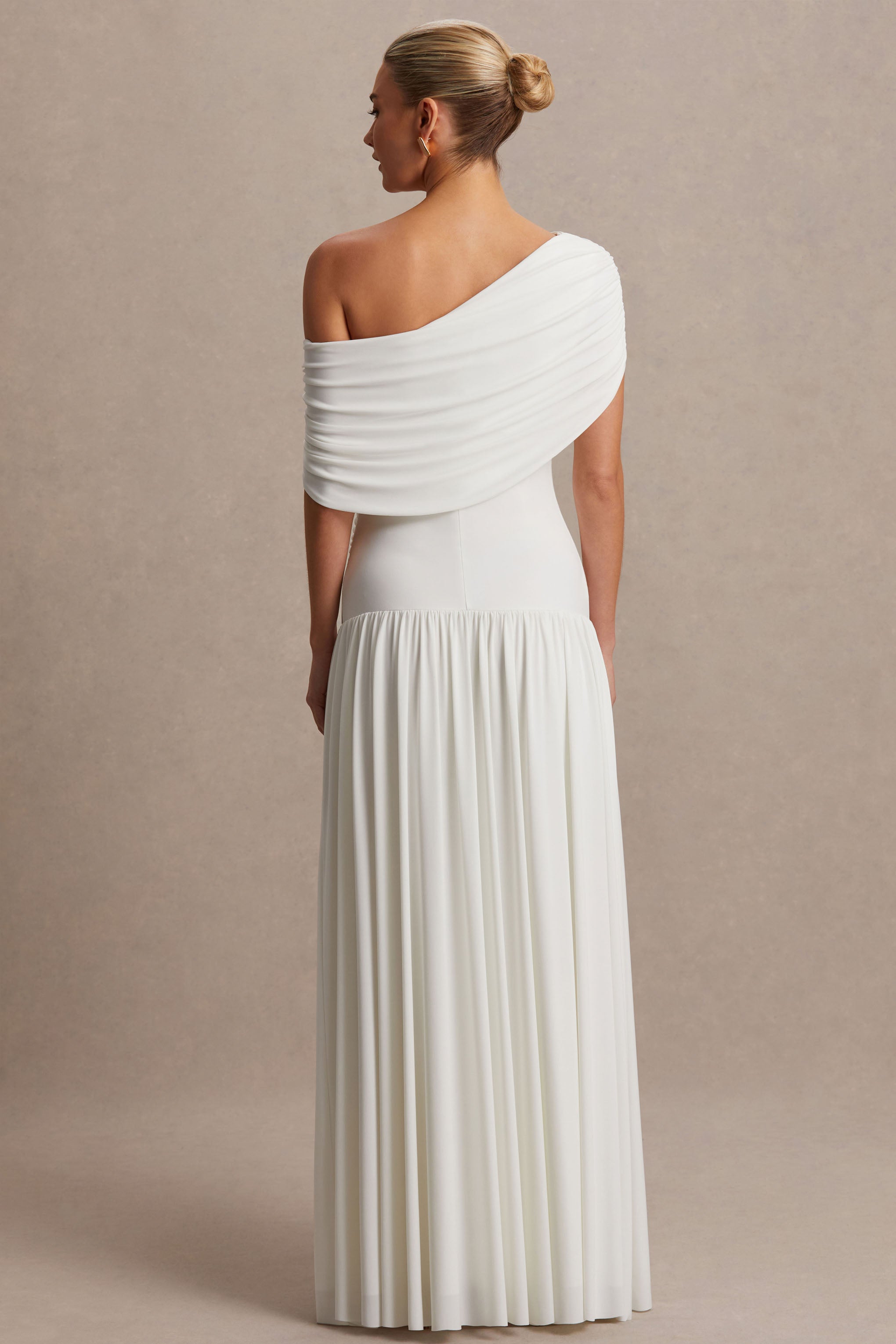 Noah | White Asymmetric-Neck Maternity Maxi Dress With Drop-Waist-Sowoom