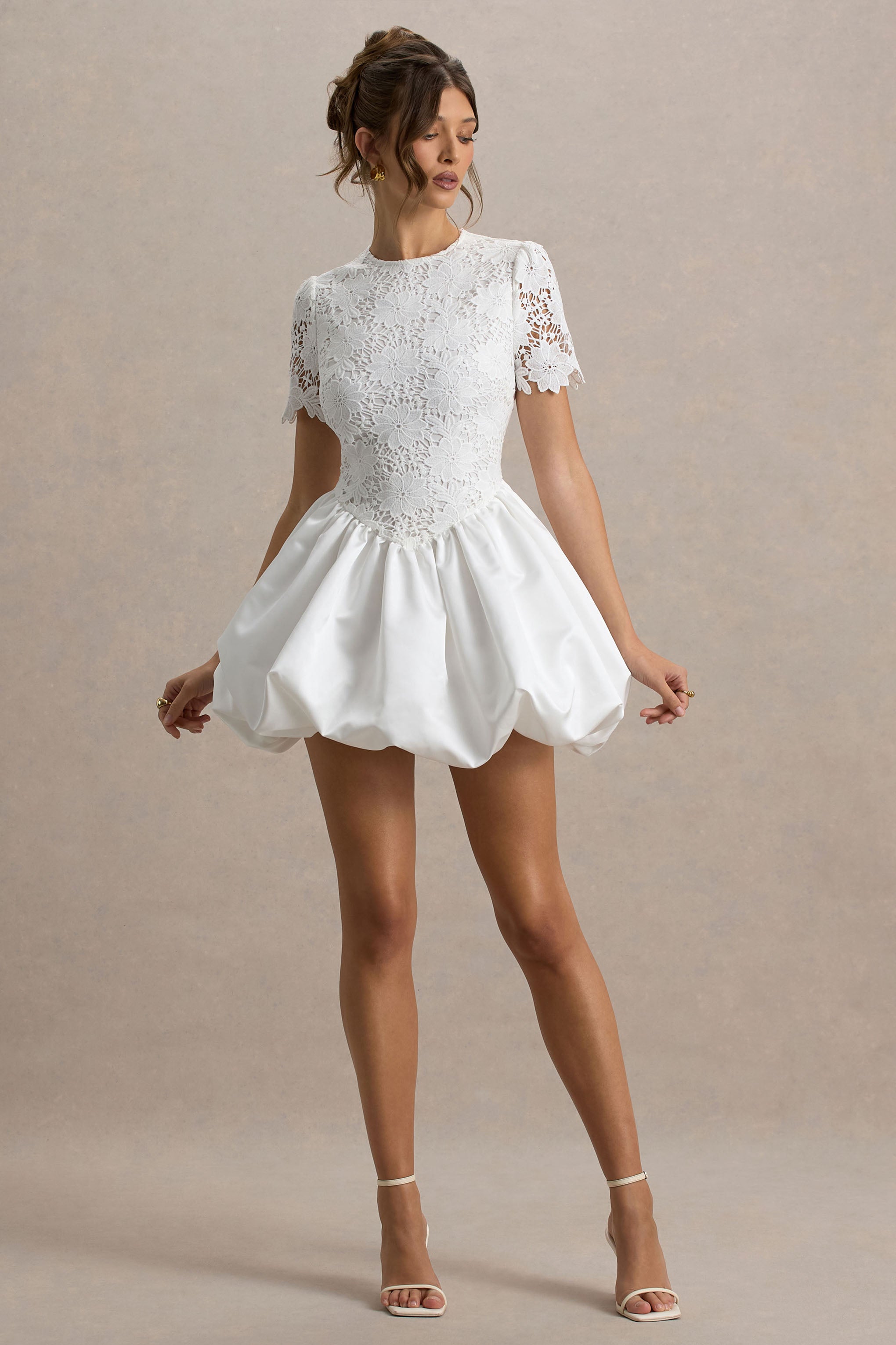 Taffy | White Lace Mini Dress With Satin Puffball Skirt-Sowoom
