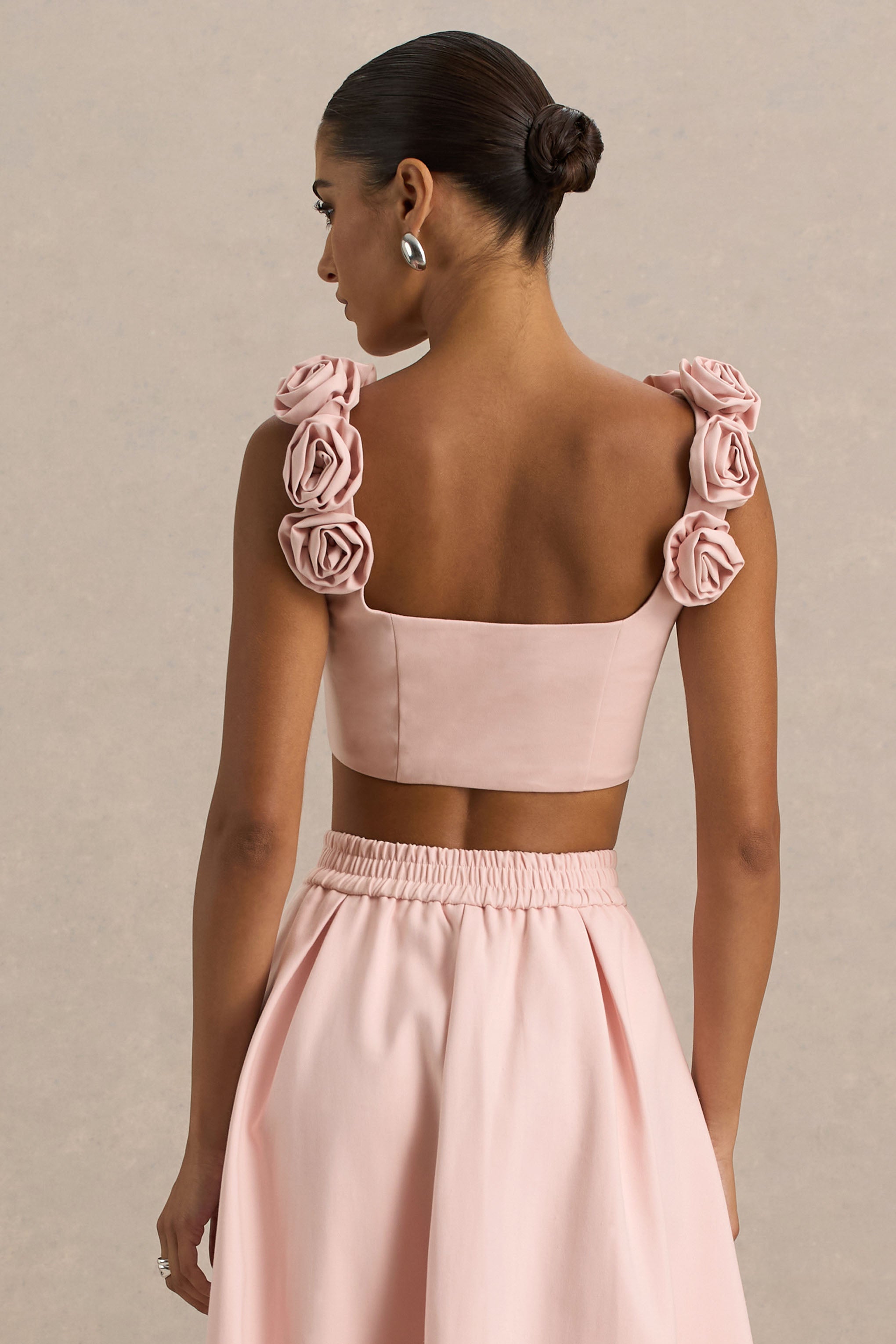 Blade | Baby Pink Scoop-Neck Crop Top With Corsage Details-Sowoom