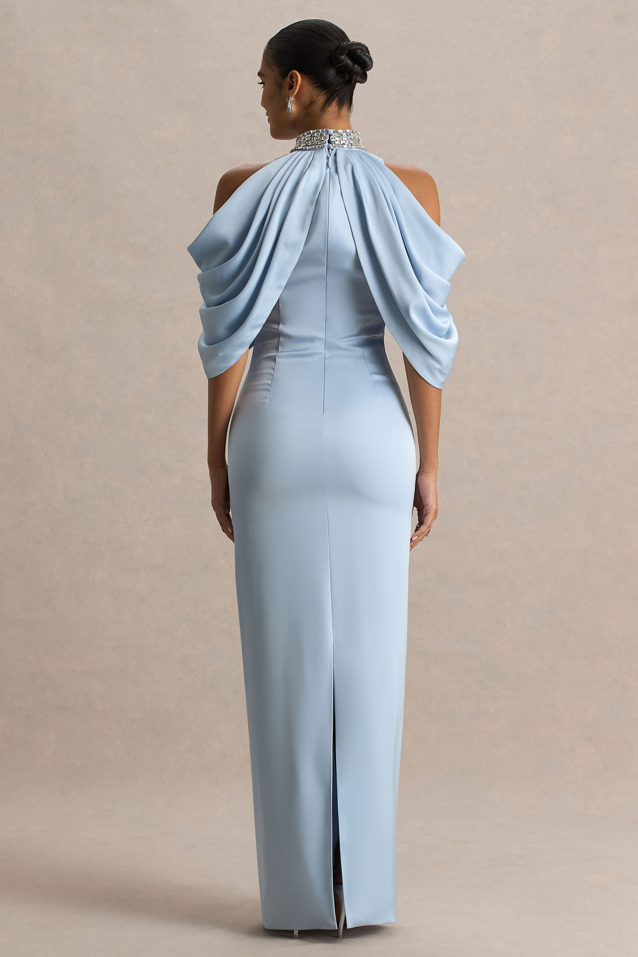 Sulliana | Powder Blue Satin High-Neck Maxi Dress With Embellished Detail And Cape Sleeves-Sowoom