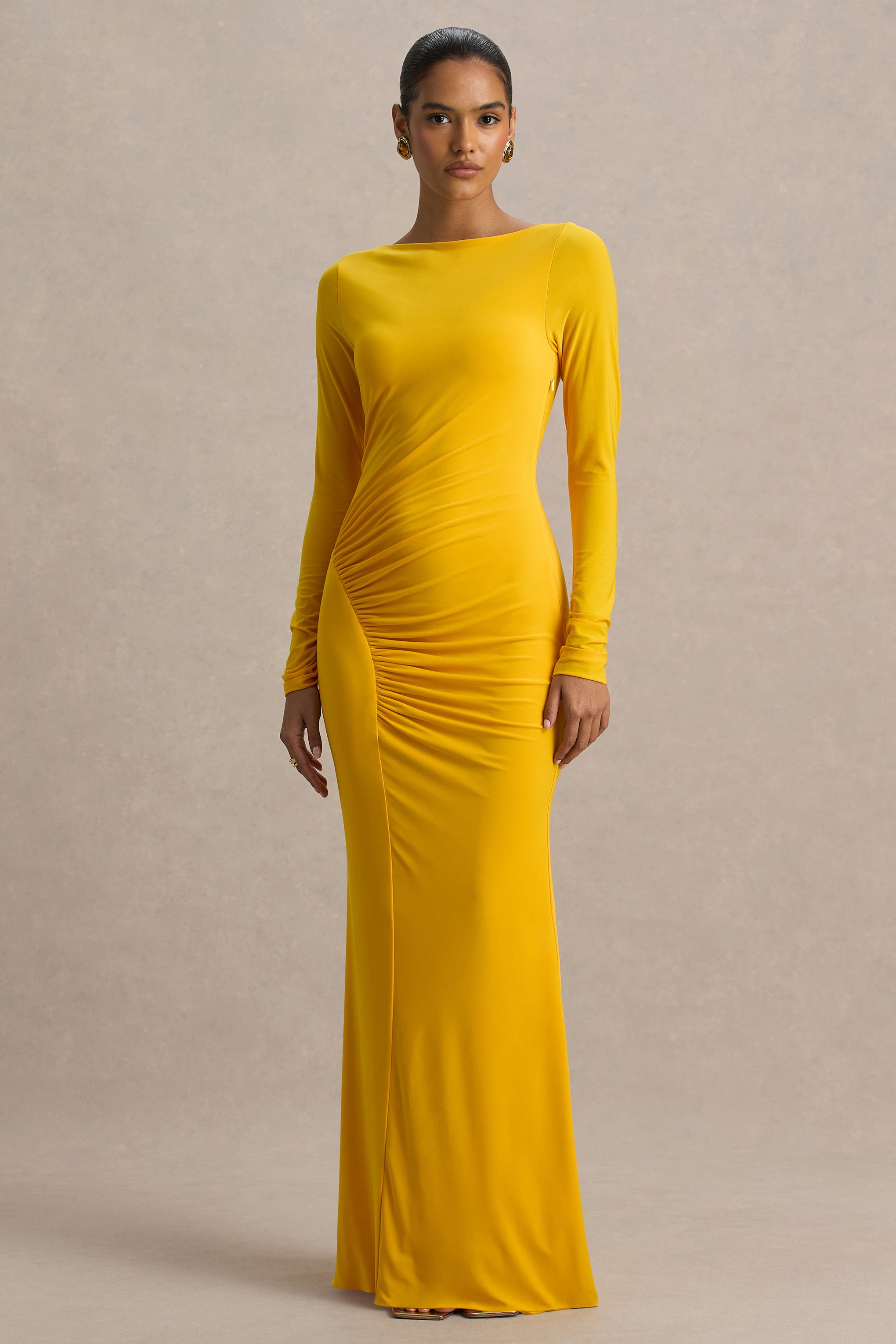 Diva | Yellow Slashed-Neck Maxi Dress With Ruched Detailing-Sowoom