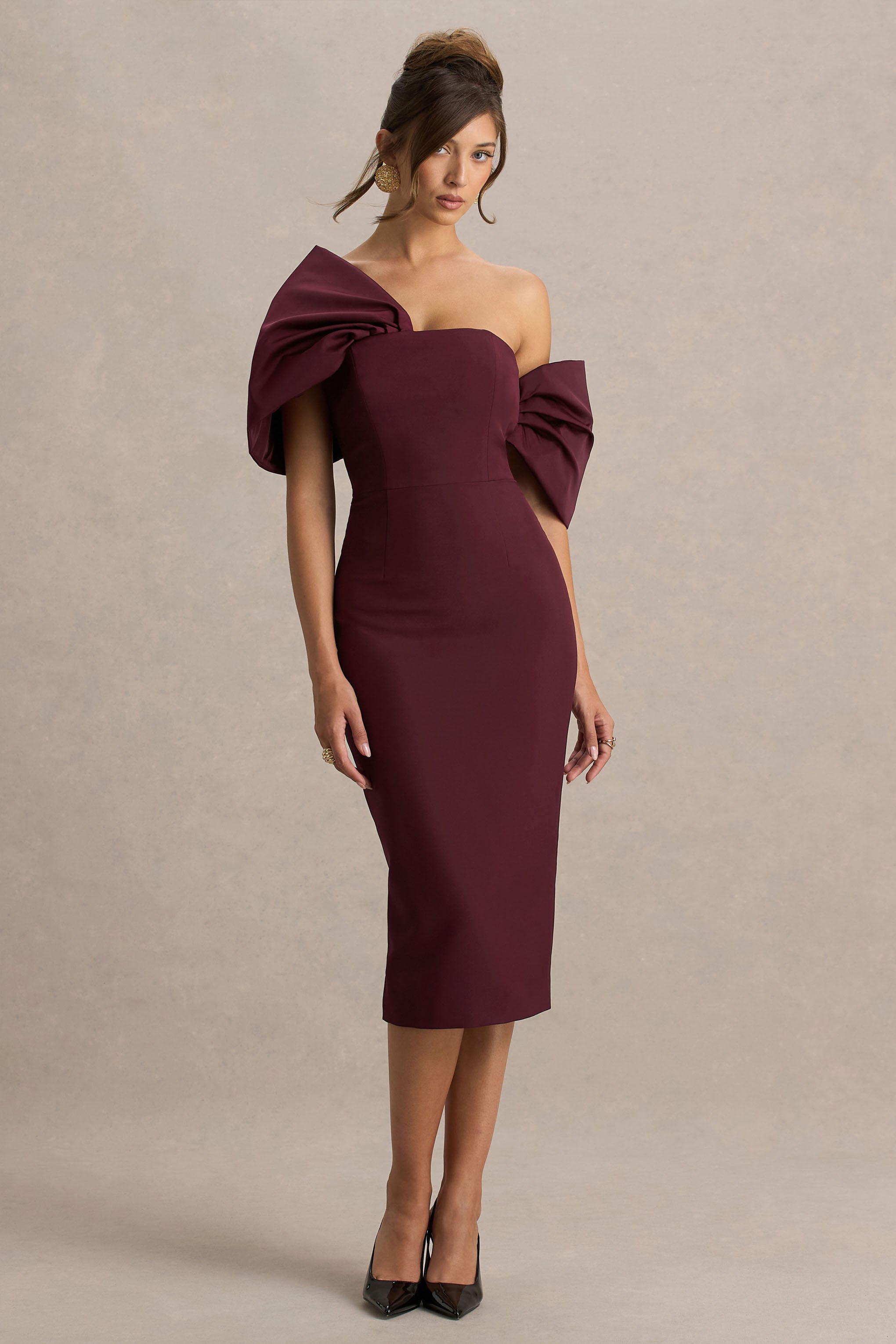 Lucille | Burgundy Asymmetric Bardot Midi Dress With Bow Detail-Sowoom