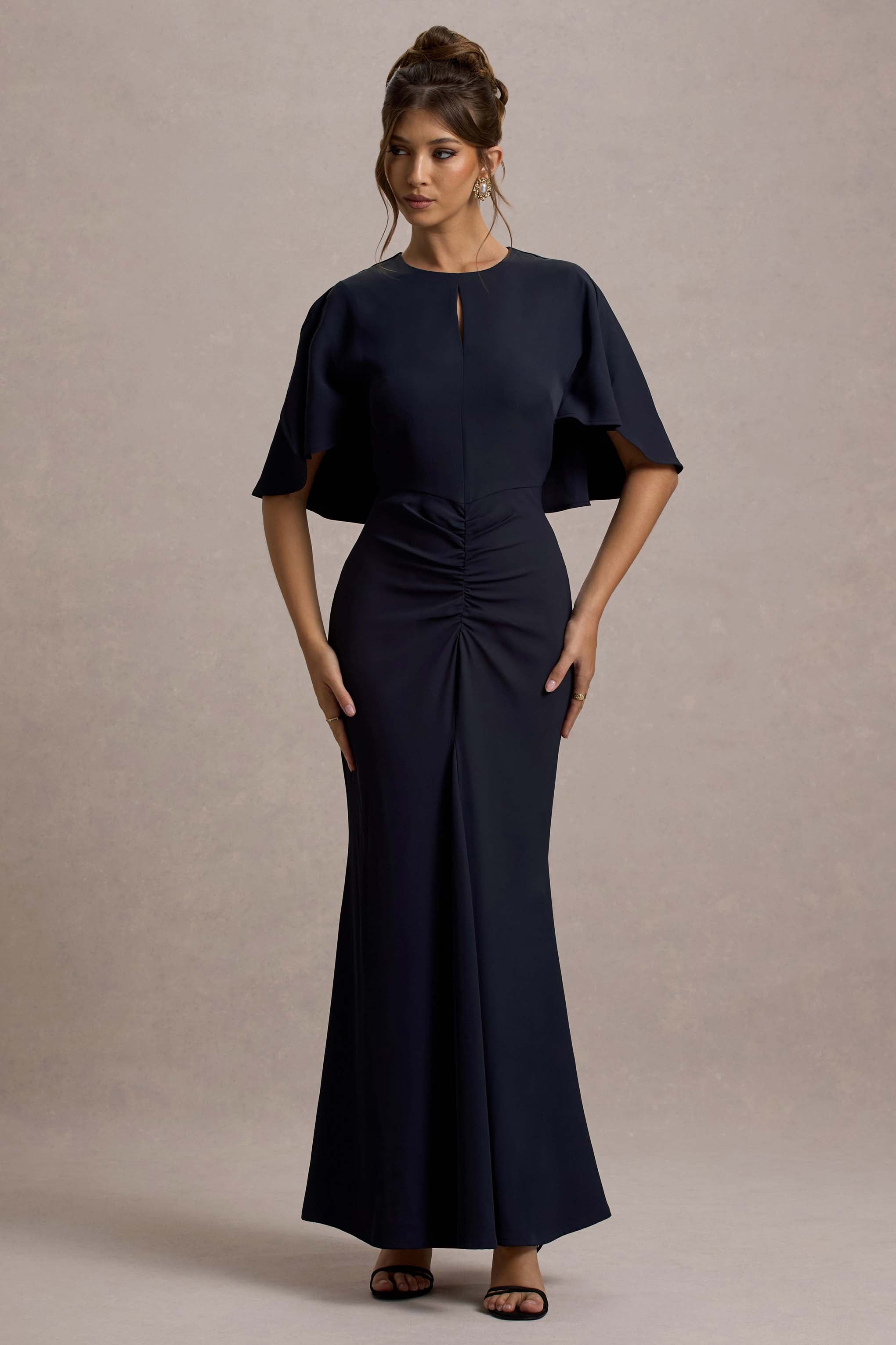 Allison | Navy High-Neck Maxi Dress With Cape-Sowoom