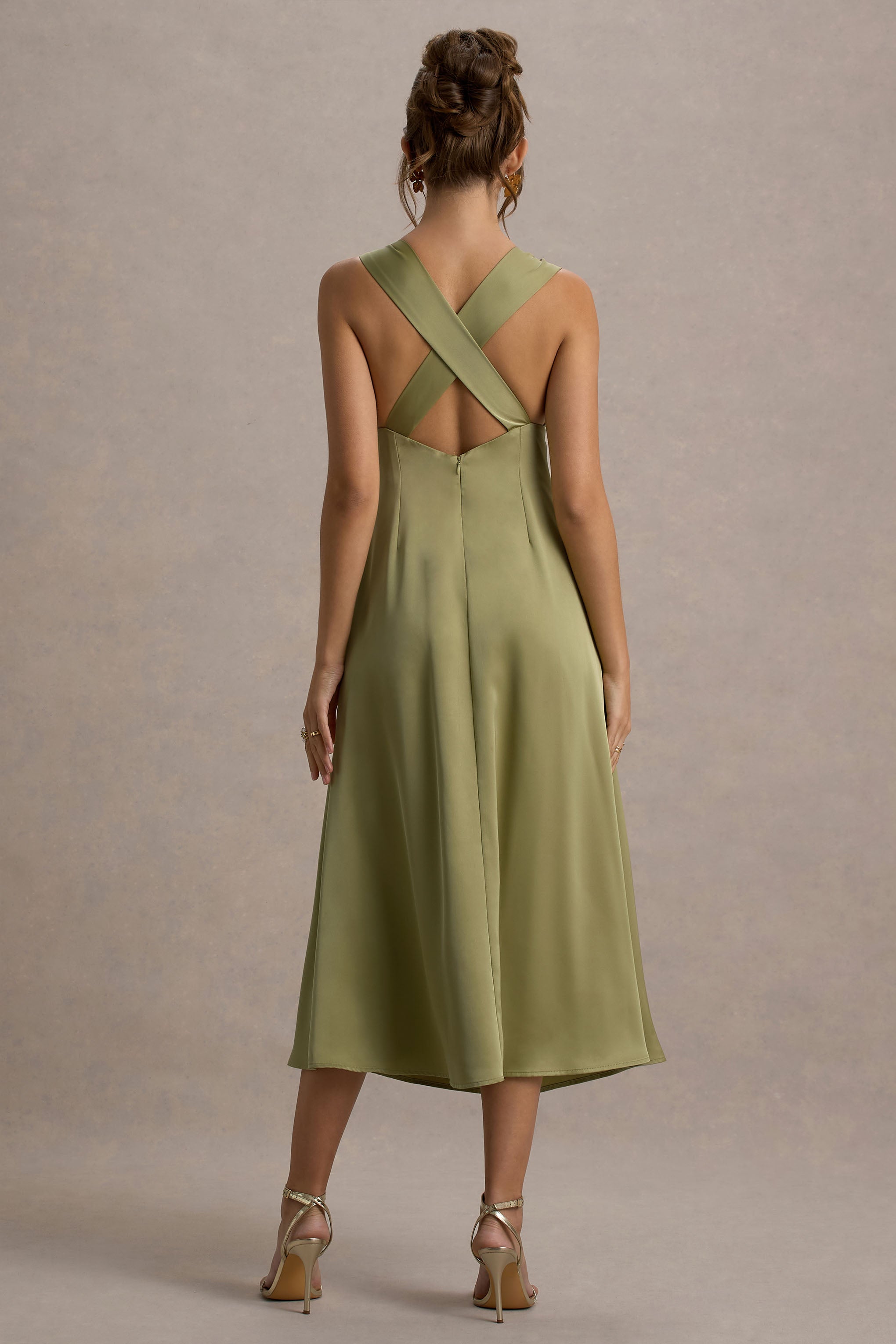 Beck | Light Green Satin Plunge-Neck Cross-Back Midi Dress-Sowoom
