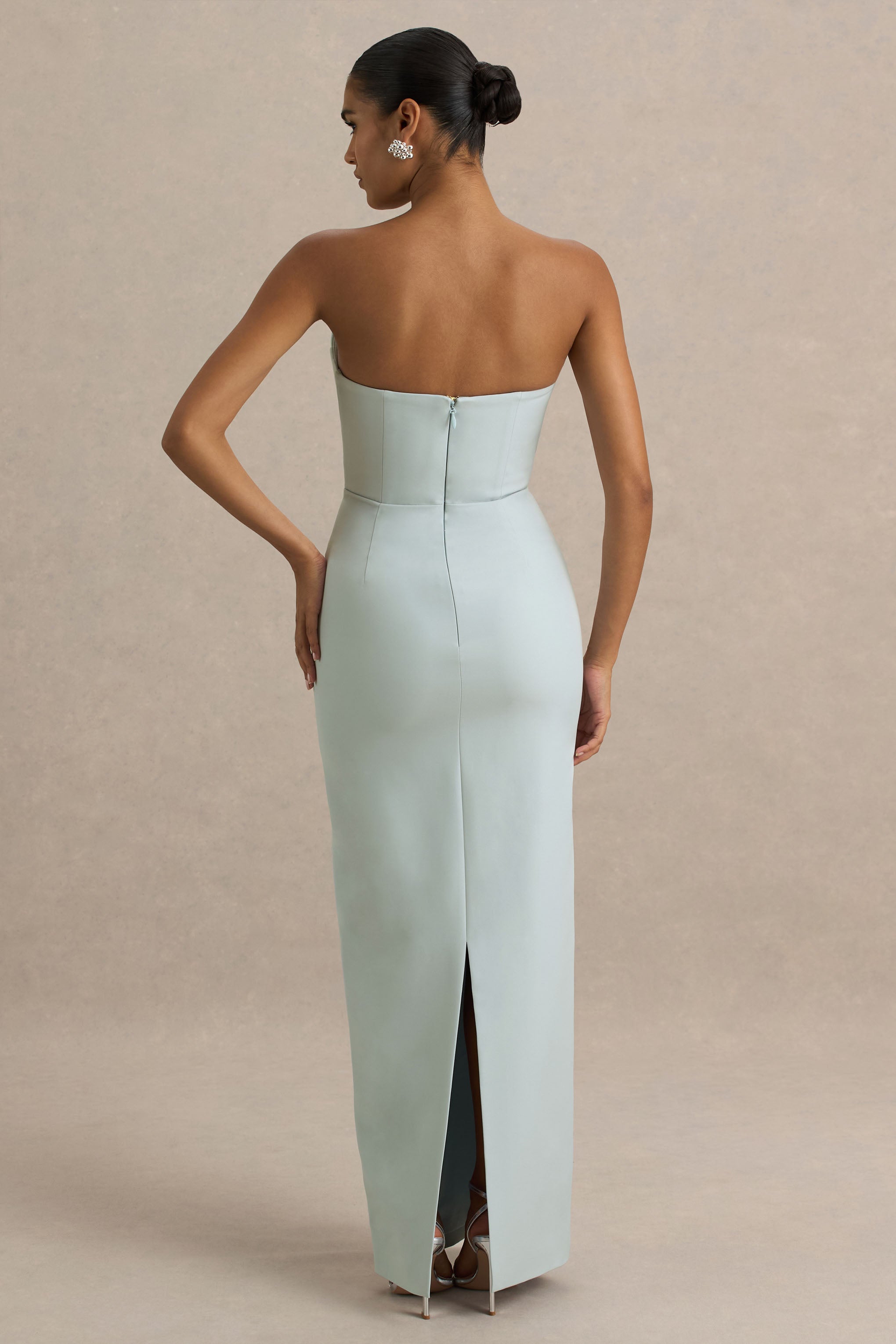 Fierce | Light Blue Asymmetric Ruched Maxi Dress-Sowoom