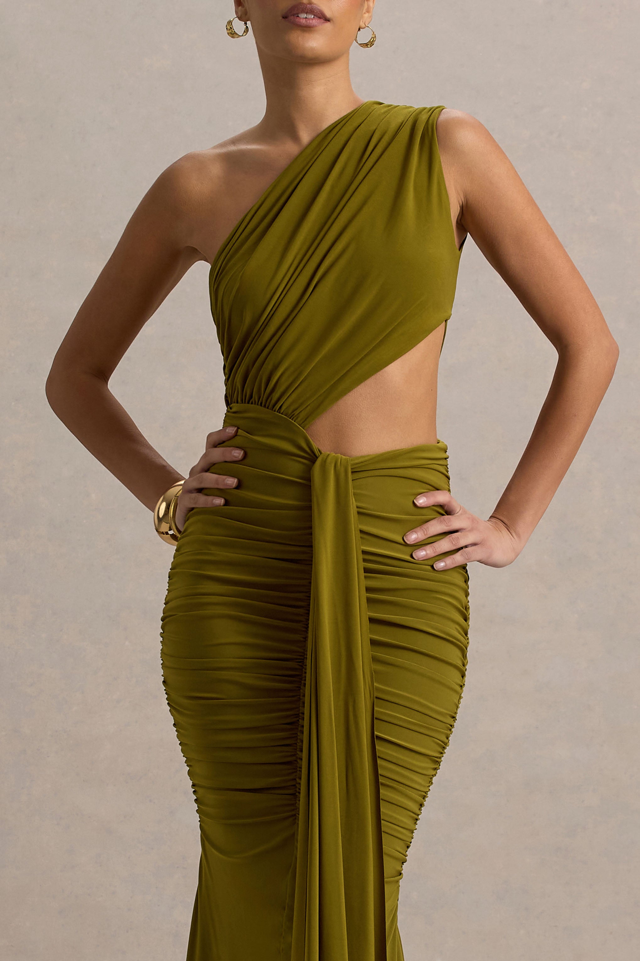 Beline | Green One-Shoulder Cut-Out Maxi Dress With Drape-Sowoom