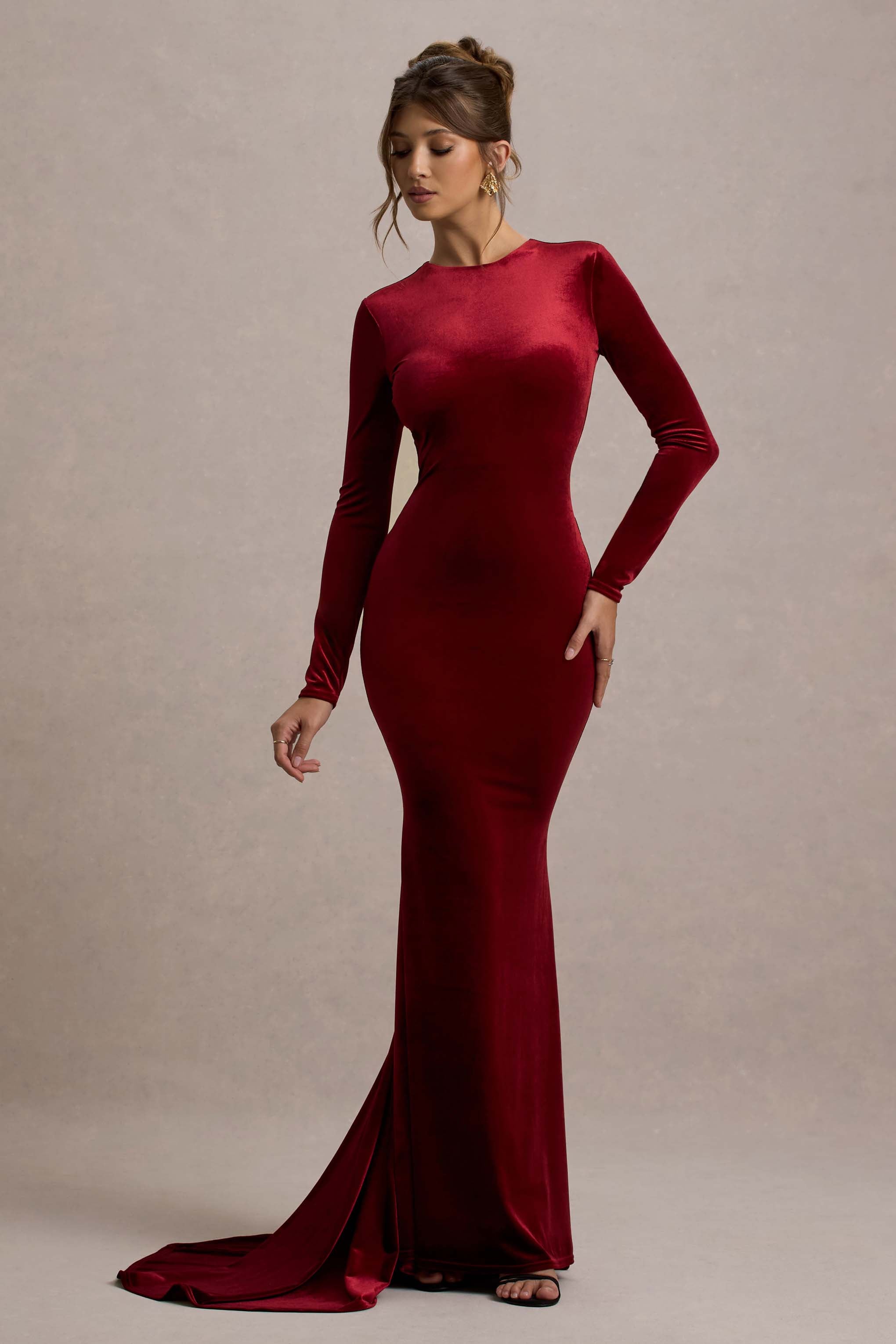 Keaton | Berry Velvet Long-Sleeve Open-Back Maxi Dress-Sowoom