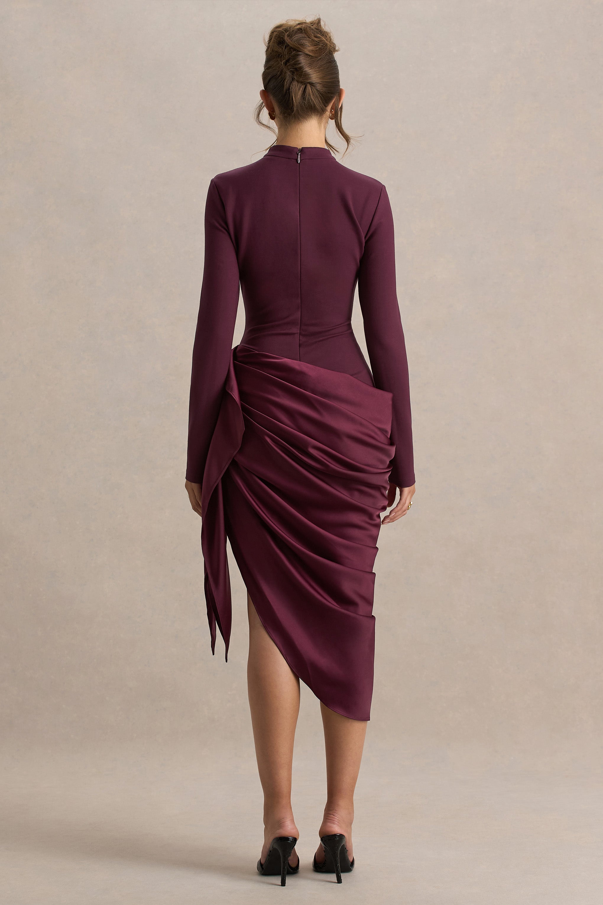 Raffie | Plum Long-Sleeve Midi Dress With Satin Wrap Skirt-Sowoom