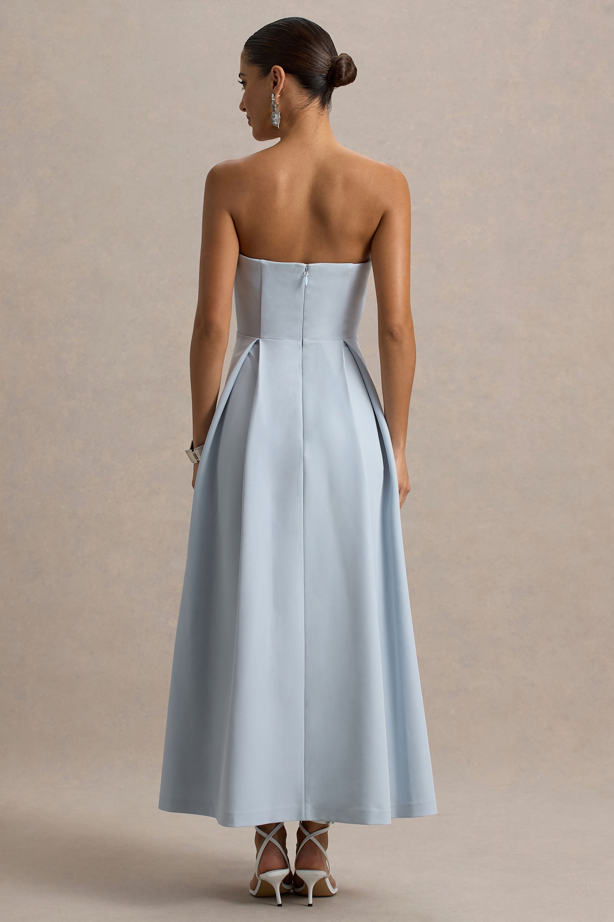 Reigning Beauty | Powder Blue Sweetheart Midi Dress With Volume Hem-Sowoom