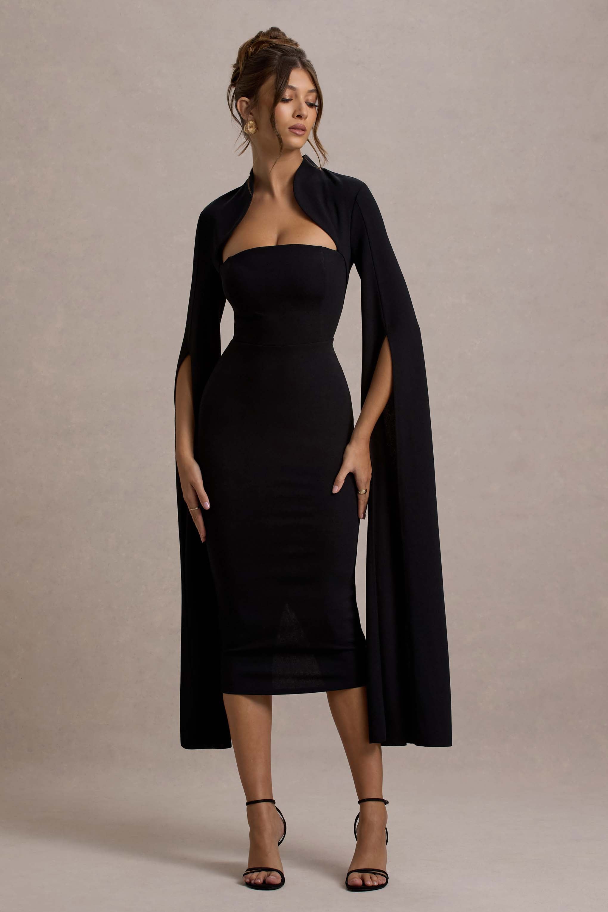 Linden | Black Bodycon Cape-Sleeve Midi Dress-Sowoom