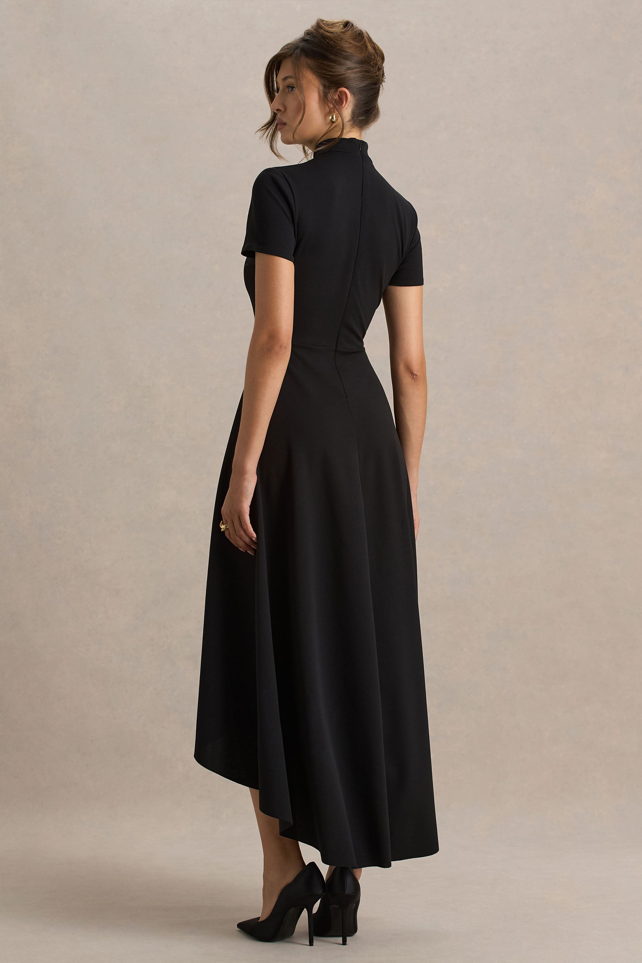 Bellona | Black High-Neck High-Low Midi Dress-Sowoom