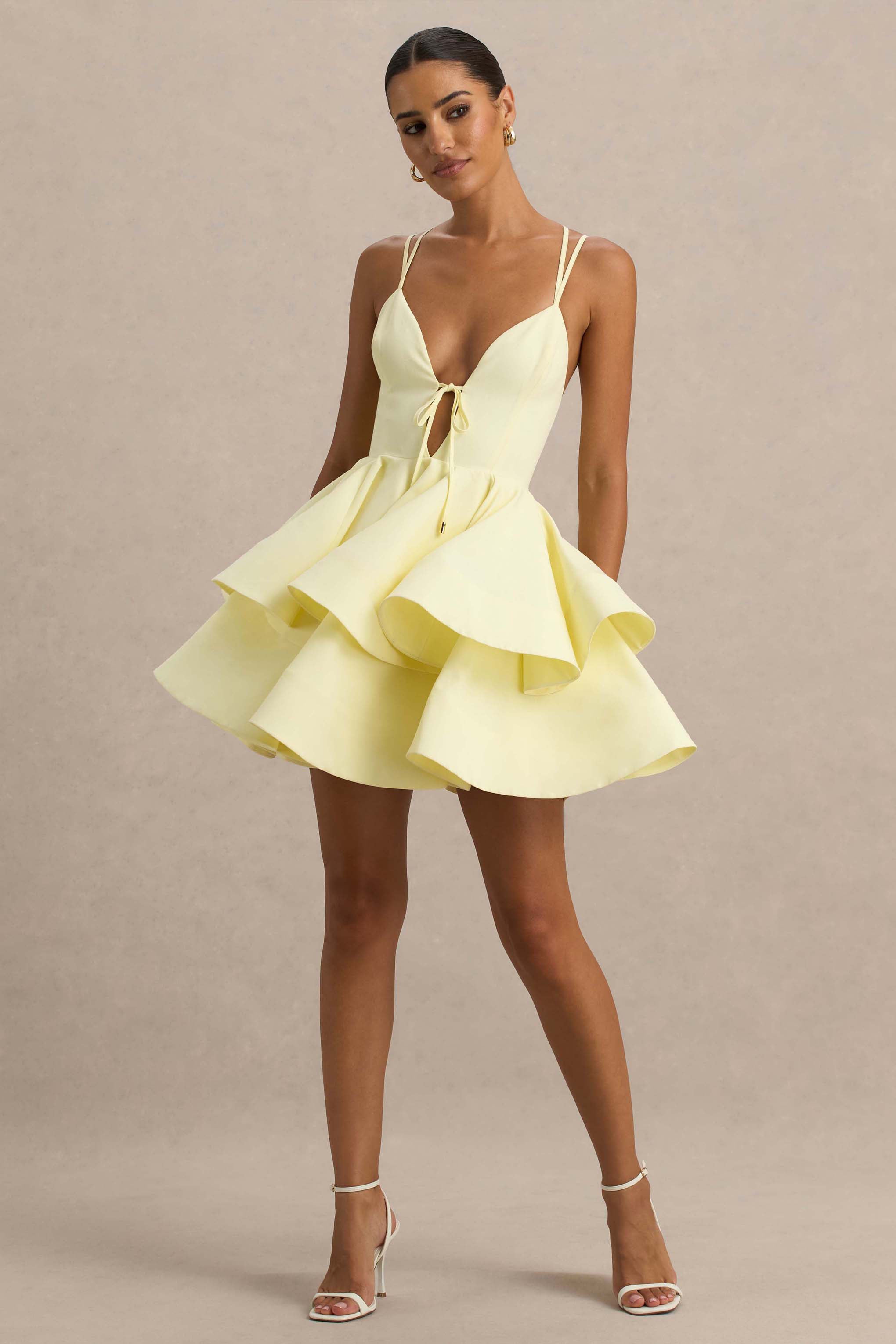 Flavia | Lemon Plunge-Neck Ruffled Skater Micro-Mini Dress-Sowoom