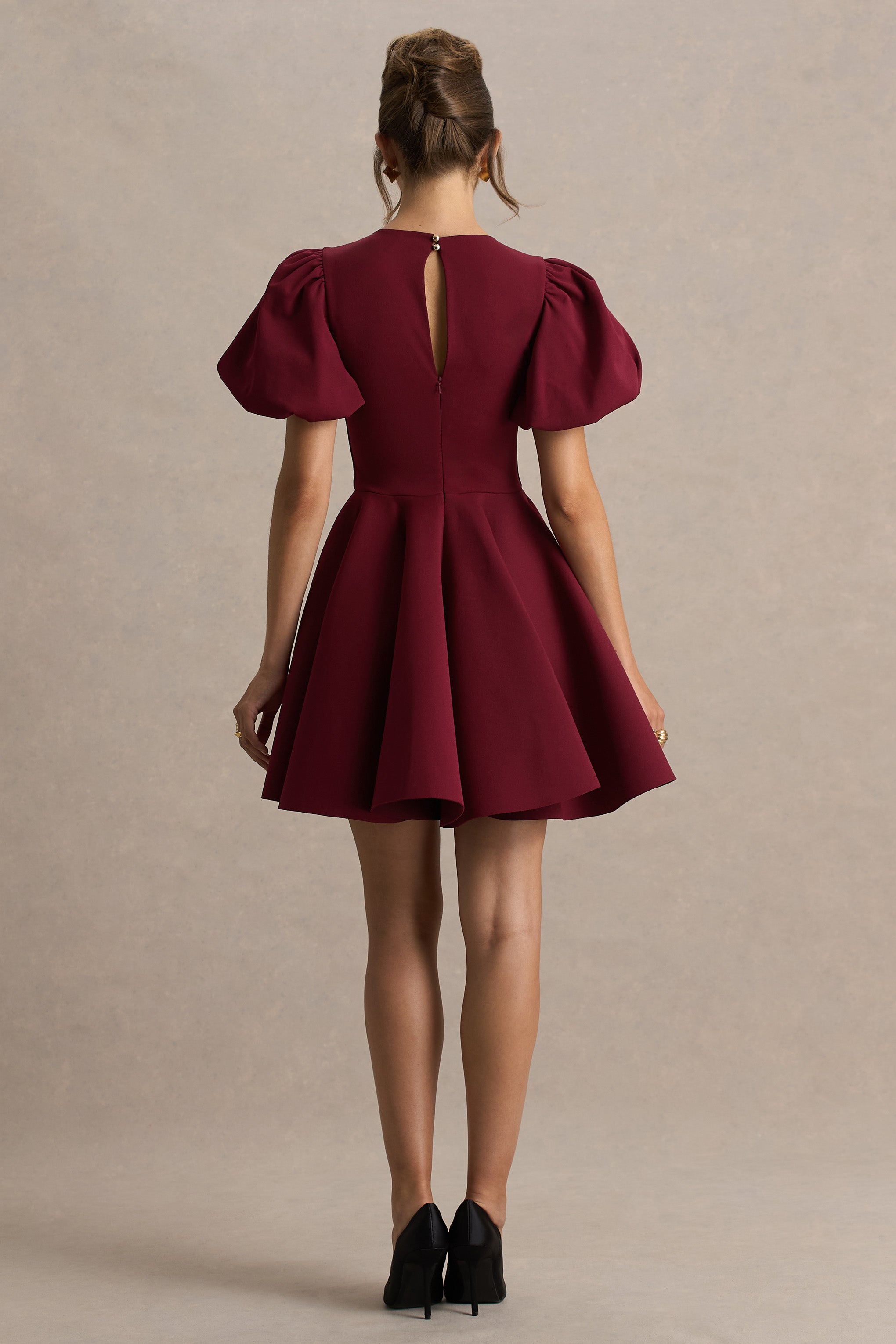 Emelia | Burgundy Puff-Sleeve Skater Mini Dress-Sowoom