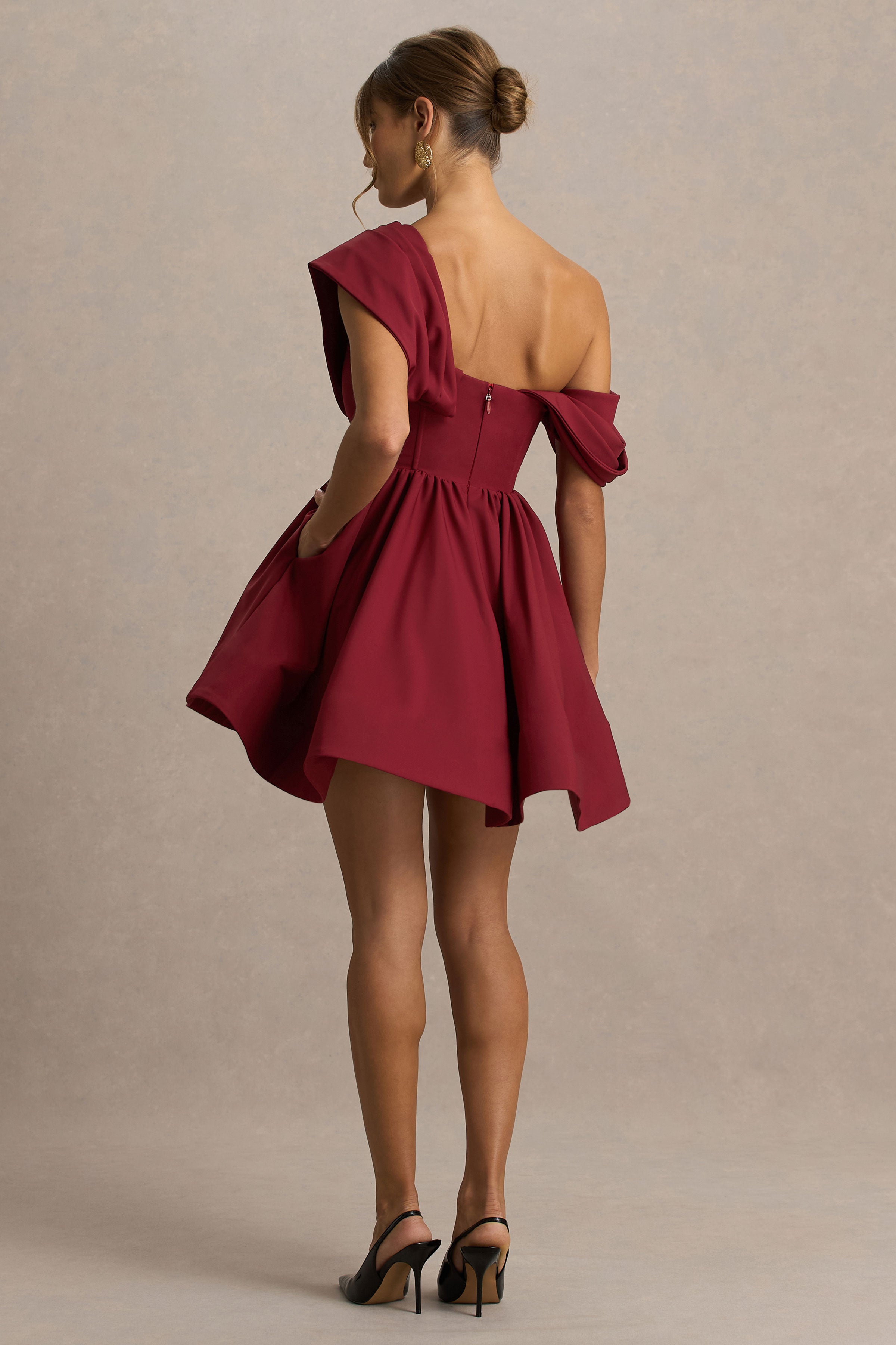 Verona | Burgundy  Draped Asymmetric-Neck Skater Mini Dress-Sowoom