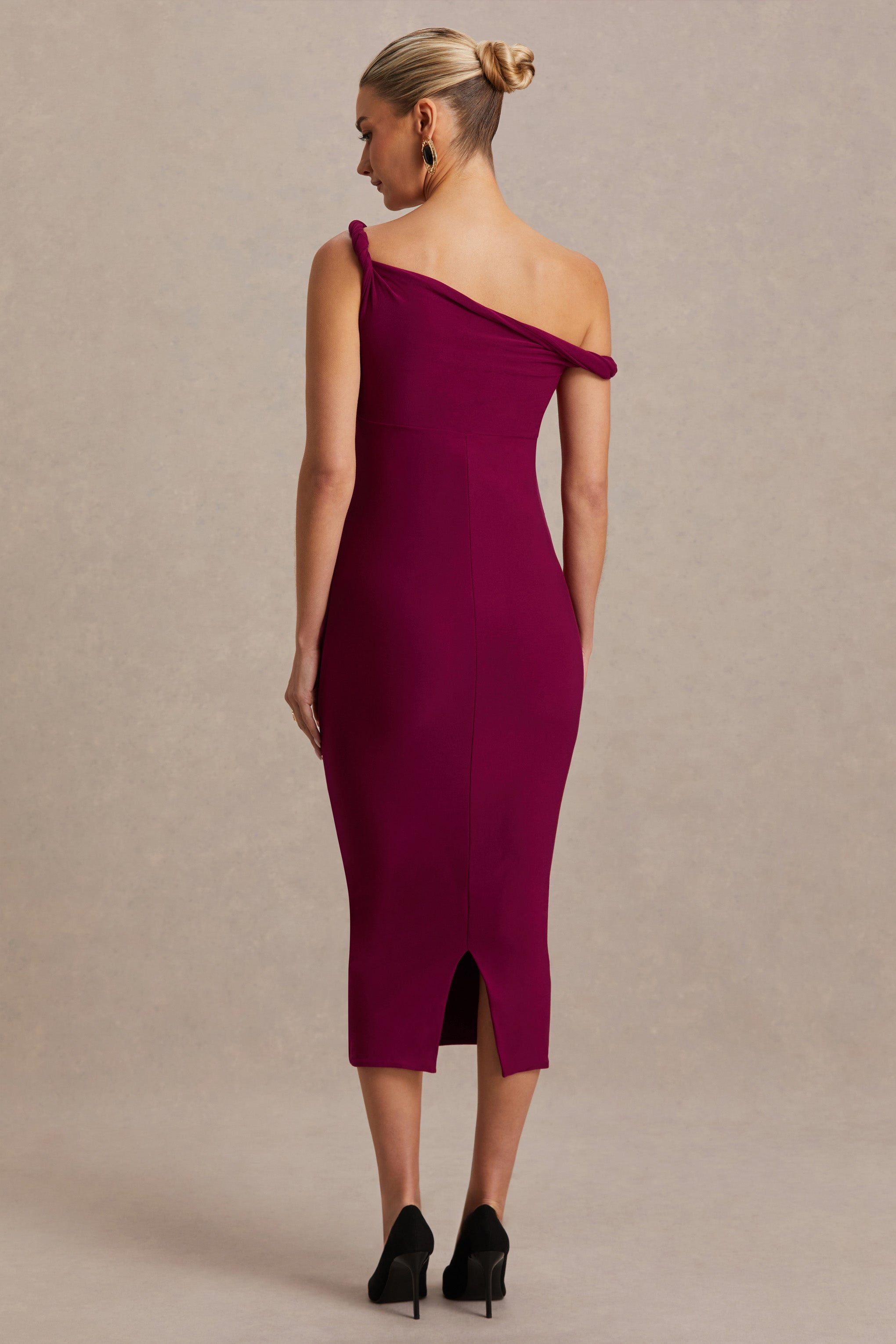 Salome | Burgundy Twisted Asymmetric Maternity Midi Dress-Sowoom