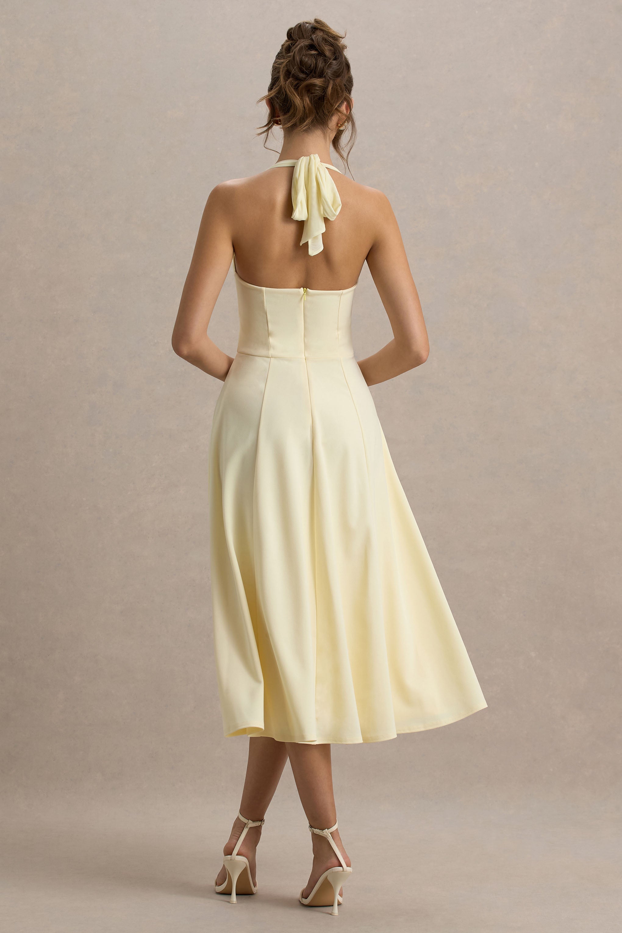 Auburn | Pale Lemon Halter-Neck Midi Dress-Sowoom