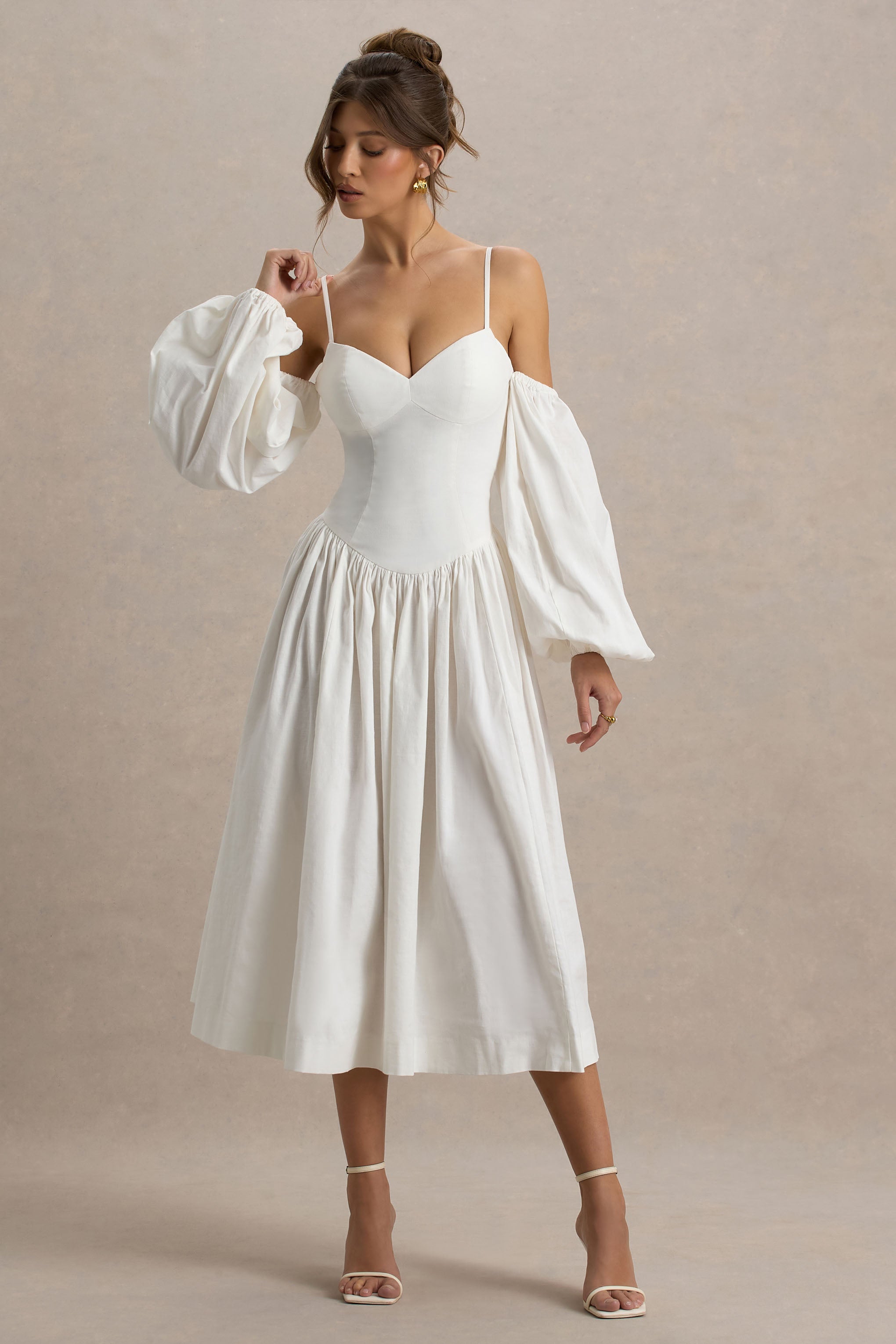 Macie | Cream Sweetheart Midi Dress With Balloon Sleeves-Sowoom