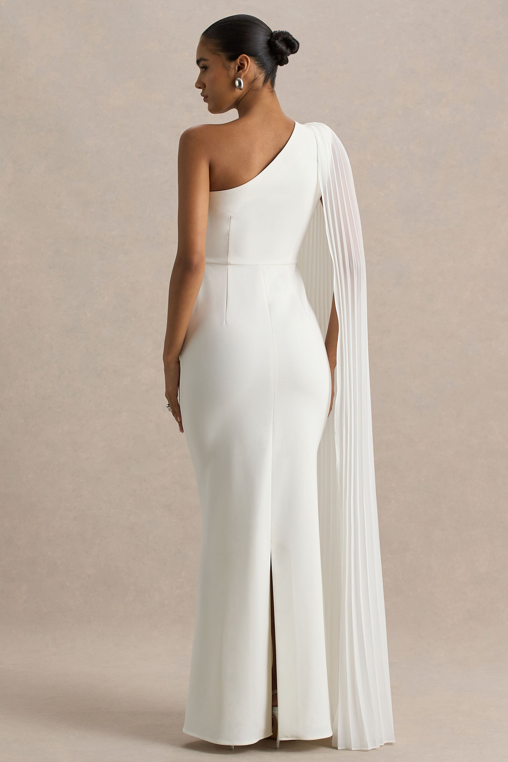 Athens | White Asymmetric-Neck Maxi Dress With Cape Sleeve Detail-Sowoom