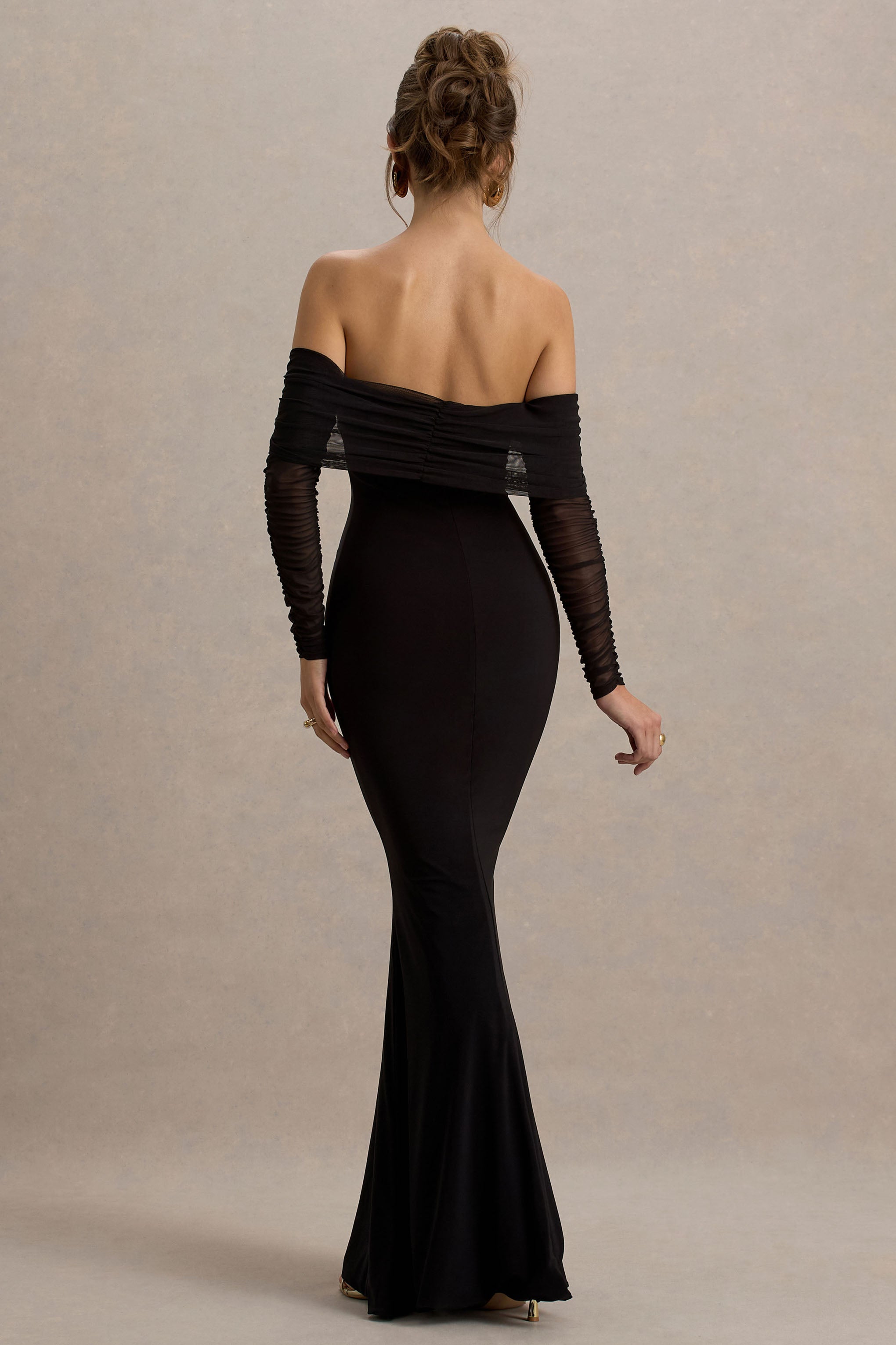 Madeleine | Black Fishtail Maxi Dress With Bardot Mesh Long Sleeves-Sowoom