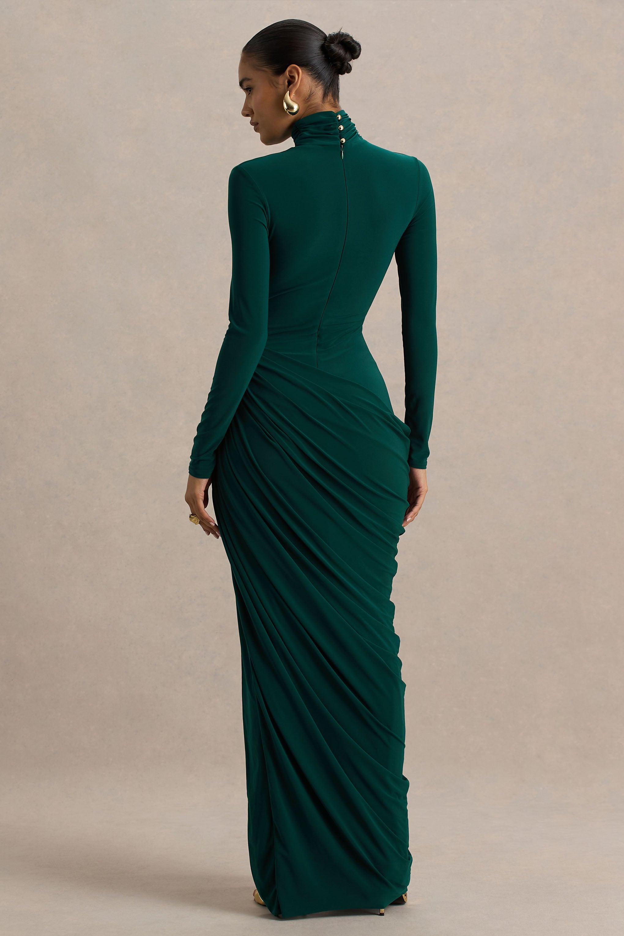 Betsy | Bottle Green High-Neck Maxi Dress With Front Split And Ruched Detailing-Sowoom