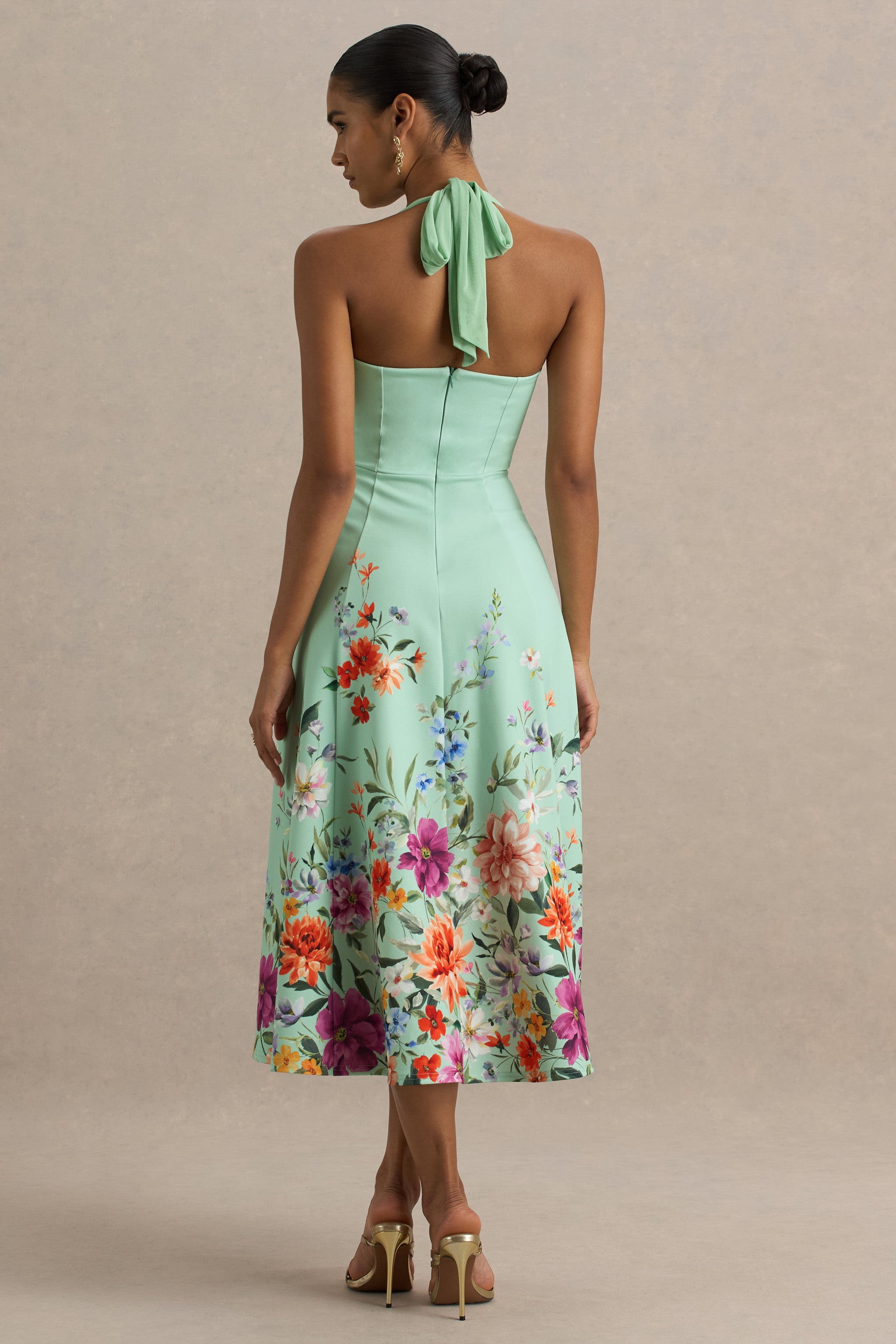 Auburn | Mint Placement Floral Halter-Neck Midi Dress-Sowoom