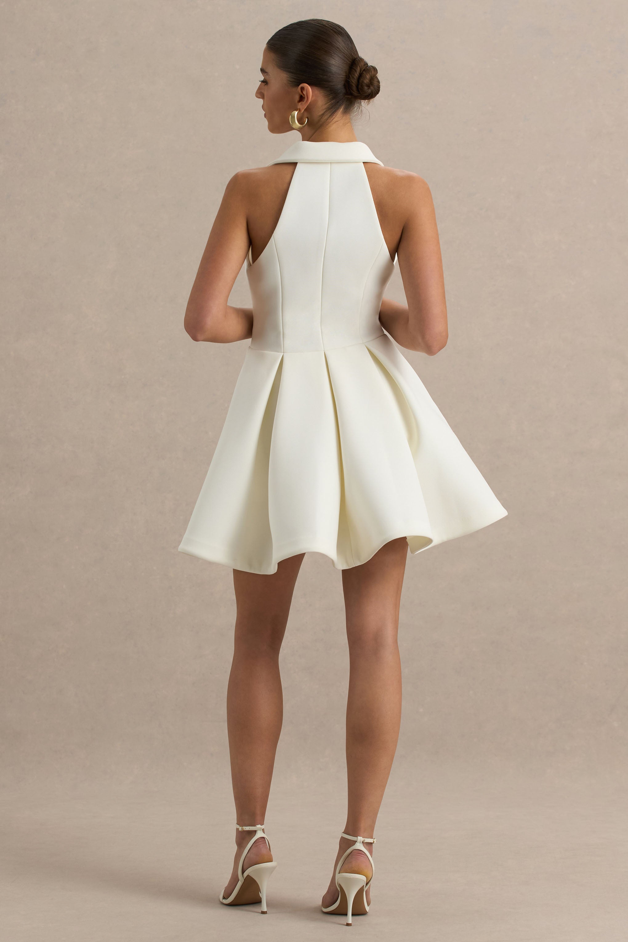 Kyla | White Plunge-Neck Mini Dress-Sowoom