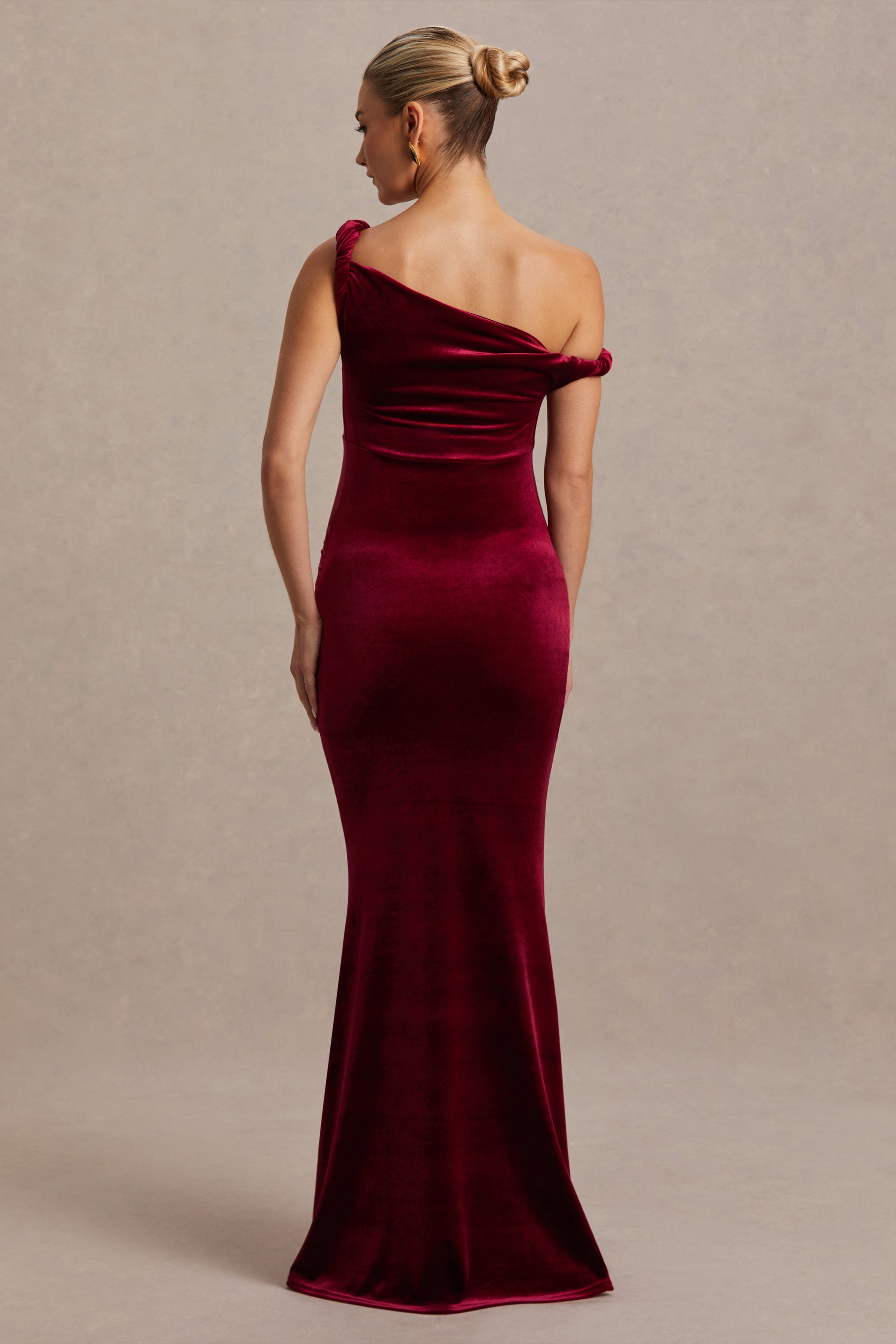 Tallulah | Burgundy Velvet Asymmetric-Neck Maternity Maxi Dress With Twist-Sleeve-Sowoom