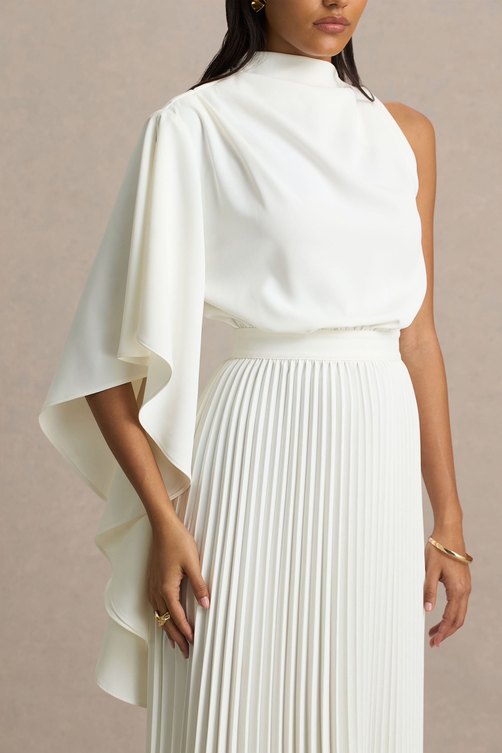 Jimena | Cream High-Neck Midi Dress With One-Long Sleeve And Pleated Detailing-Sowoom