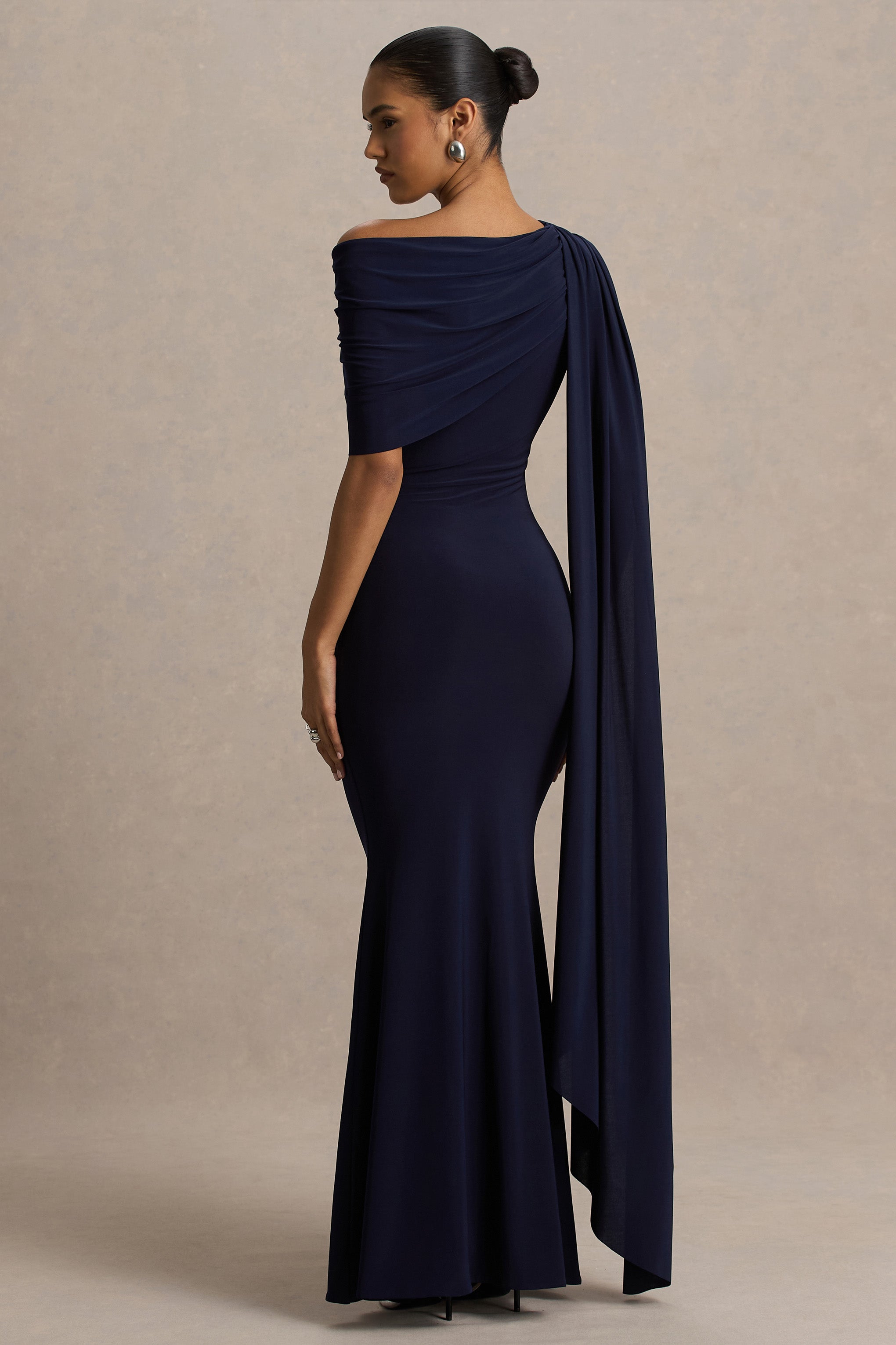 Tiana | Navy Asymmetric-Neck Maxi Dress With Drape-Detail-Sowoom