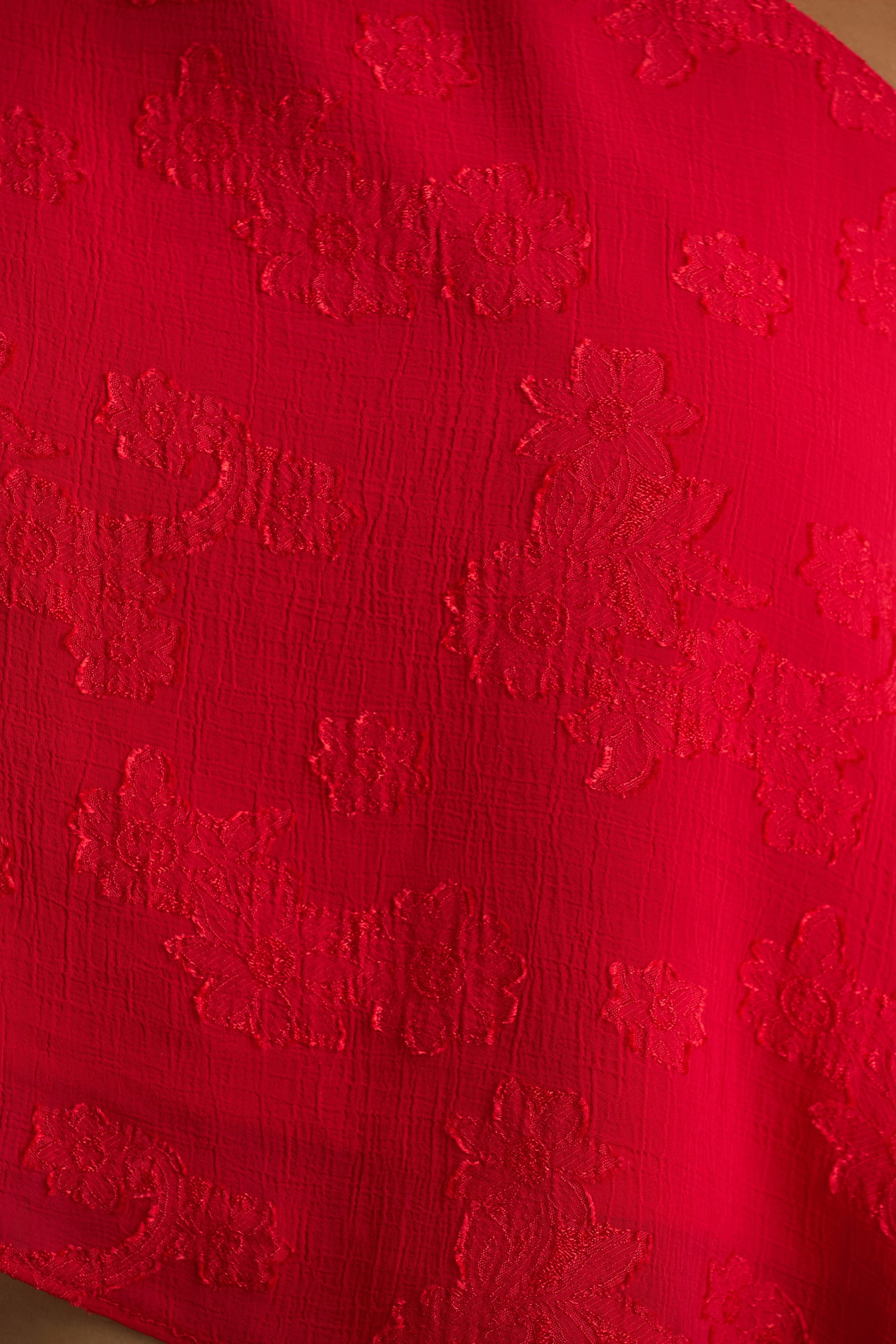 Aruba | Red Satin Devore Asymmetric Long-Sleeve Crop Top-Sowoom