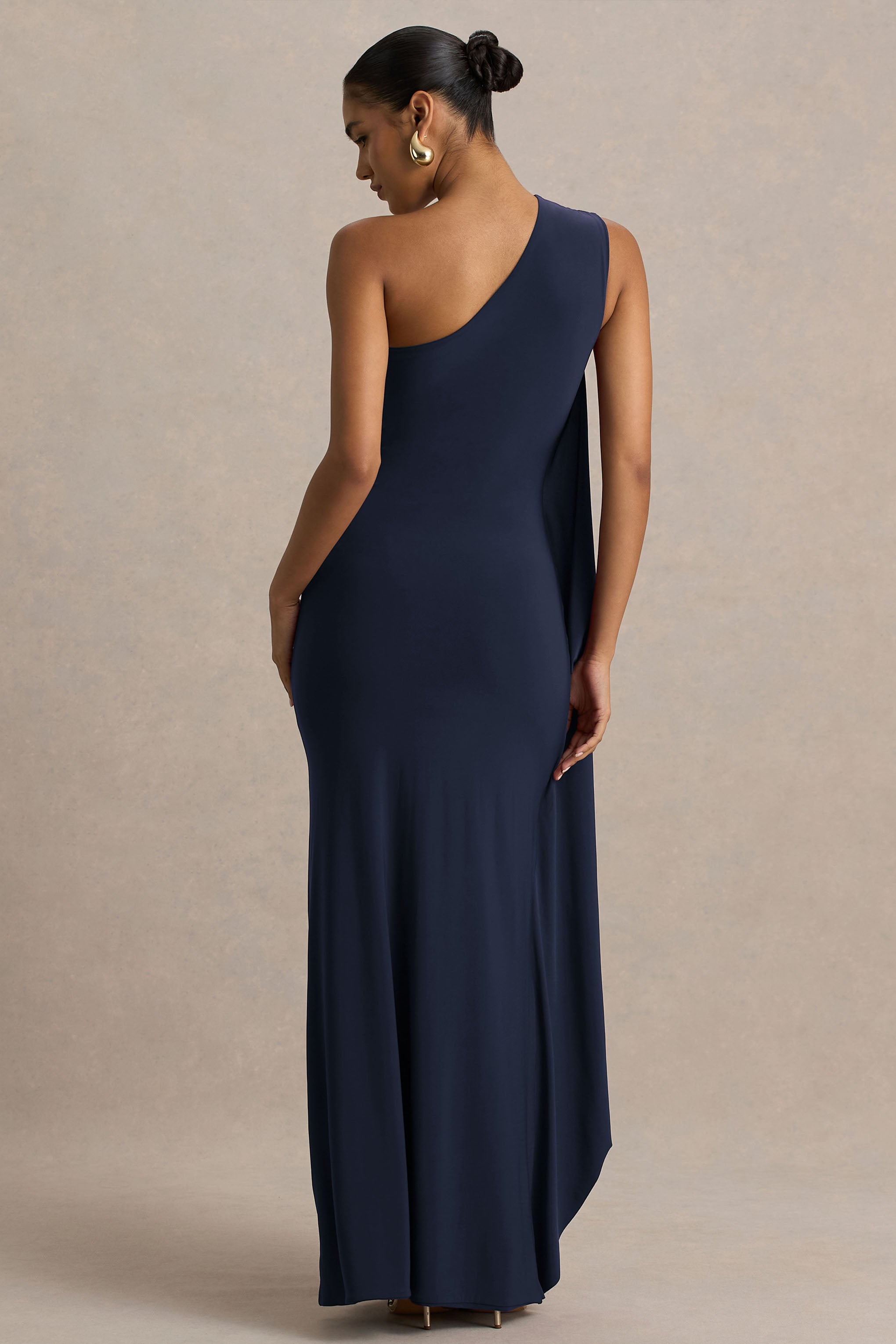 Adelina | Navy One-Shoulder Maxi Dress With Drape-Sowoom