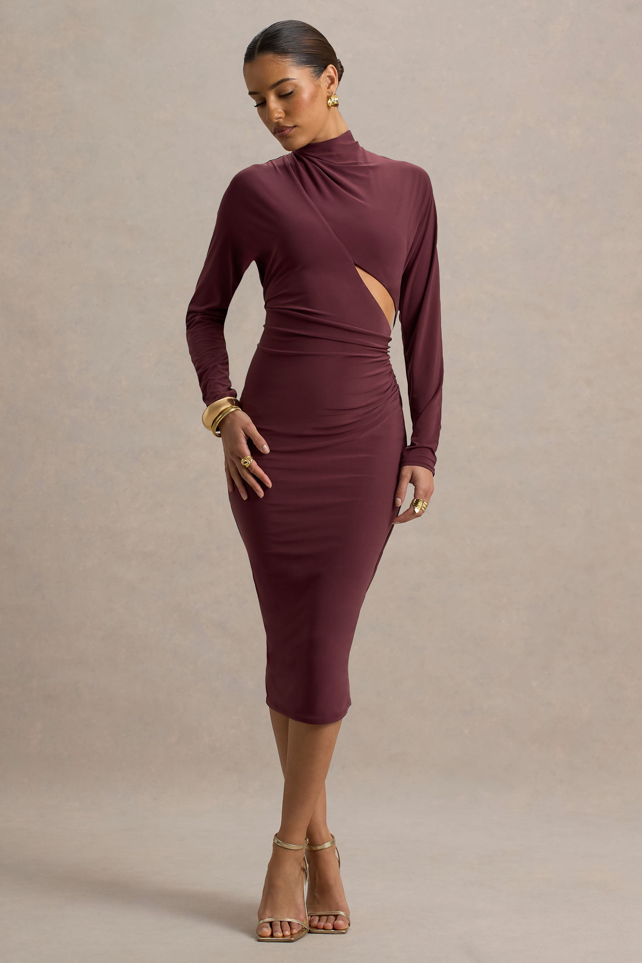 Pandora | Burgundy Long-Sleeve Midi Dress With Cut-Out-Sowoom