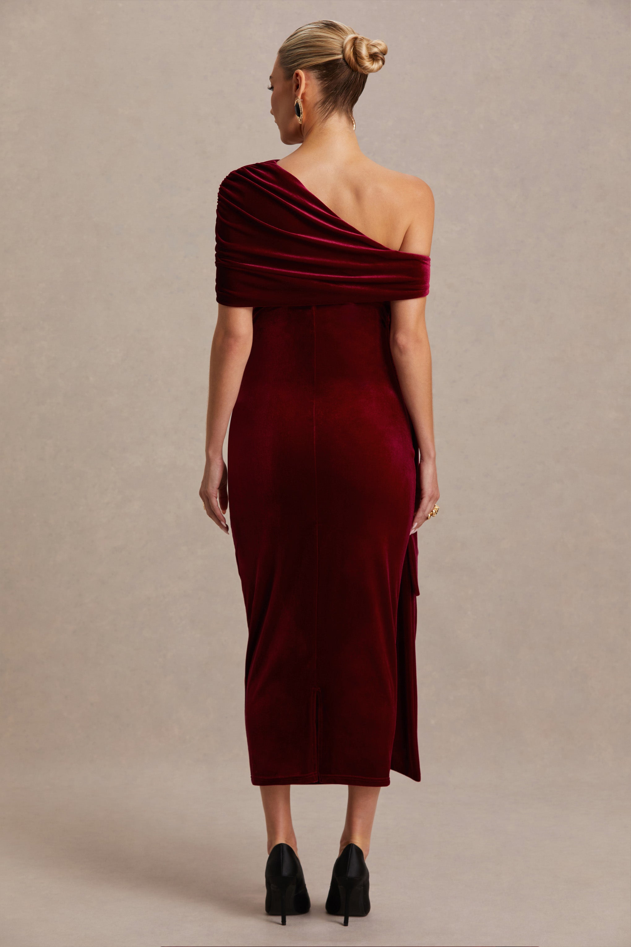 Zena | Burgundy Velvet Asymmetric-Neck Maternity Midi Dress With Knot And Sash Detail-Sowoom